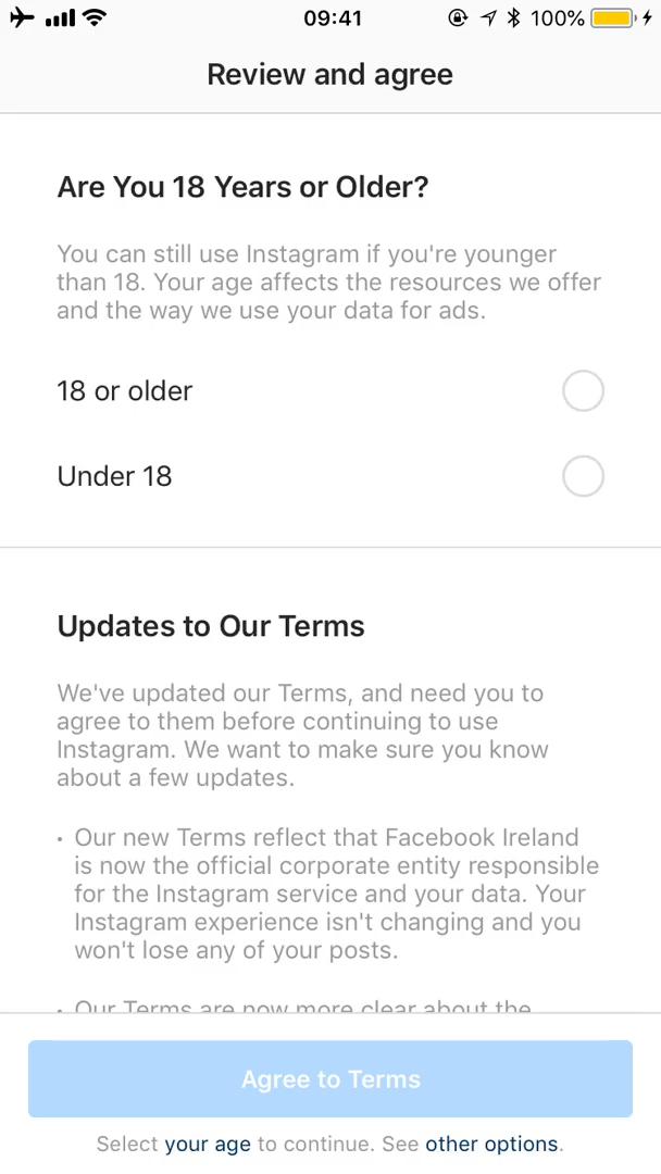 Screenshot of on Privacy/terms update on IGTV user flow