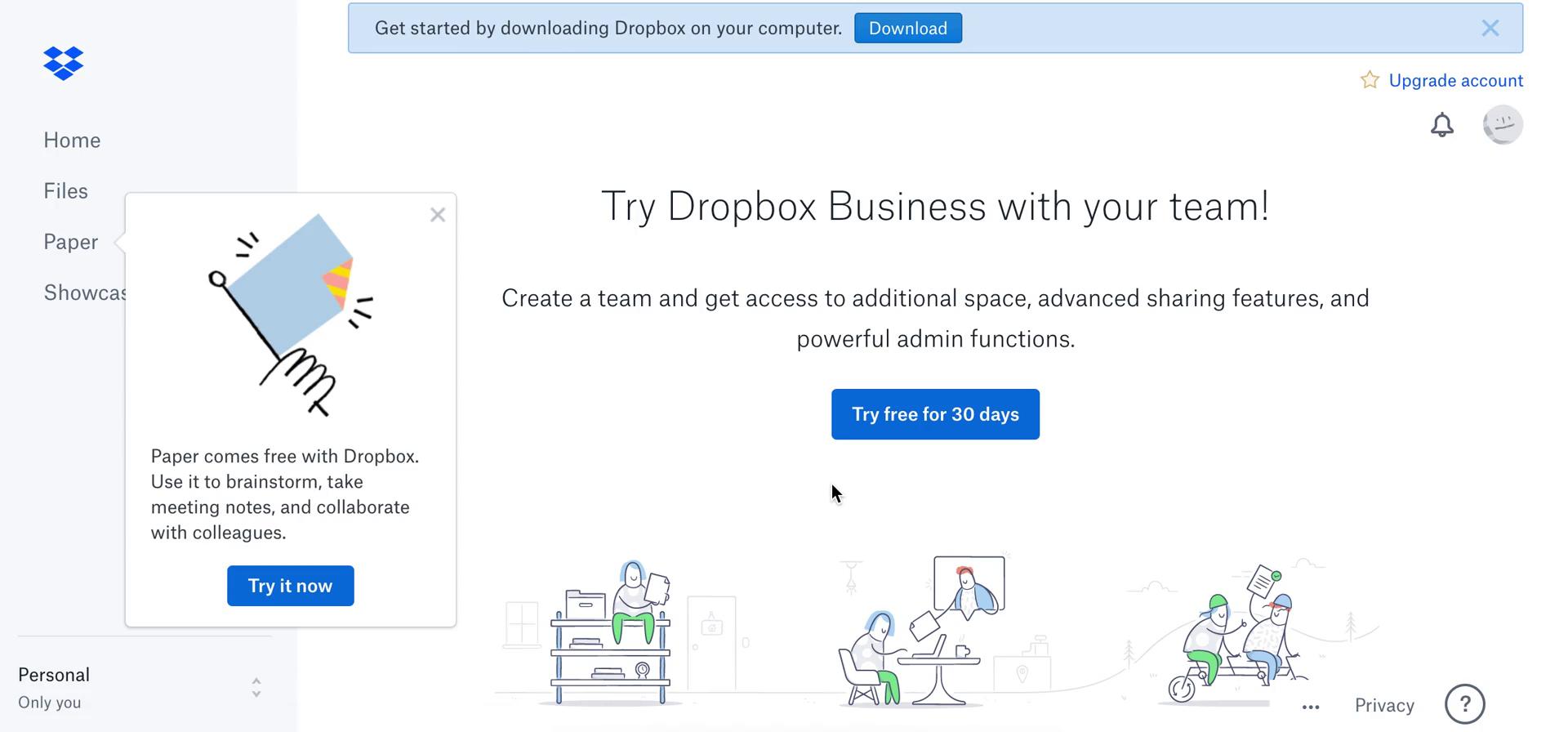 Screenshot of Upgrade on Upgrading your account on Dropbox Paper user flow