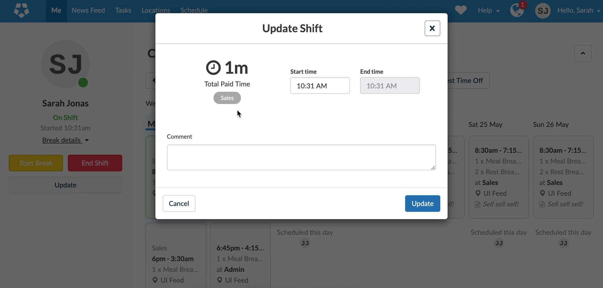 Screenshot of Update shift on Time tracking on Deputy user flow