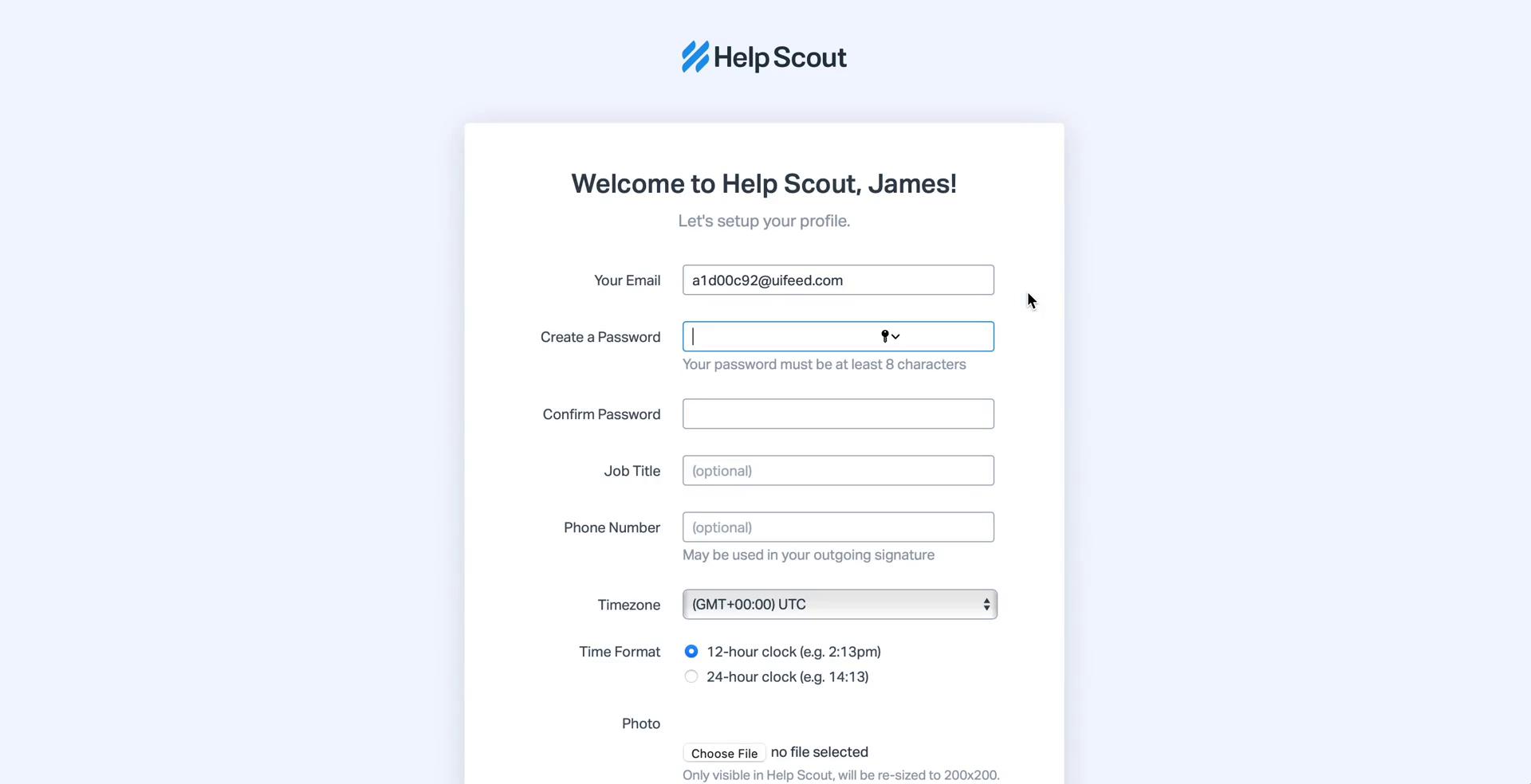 Screenshot of Sign up on Accepting an invite on Help Scout user flow
