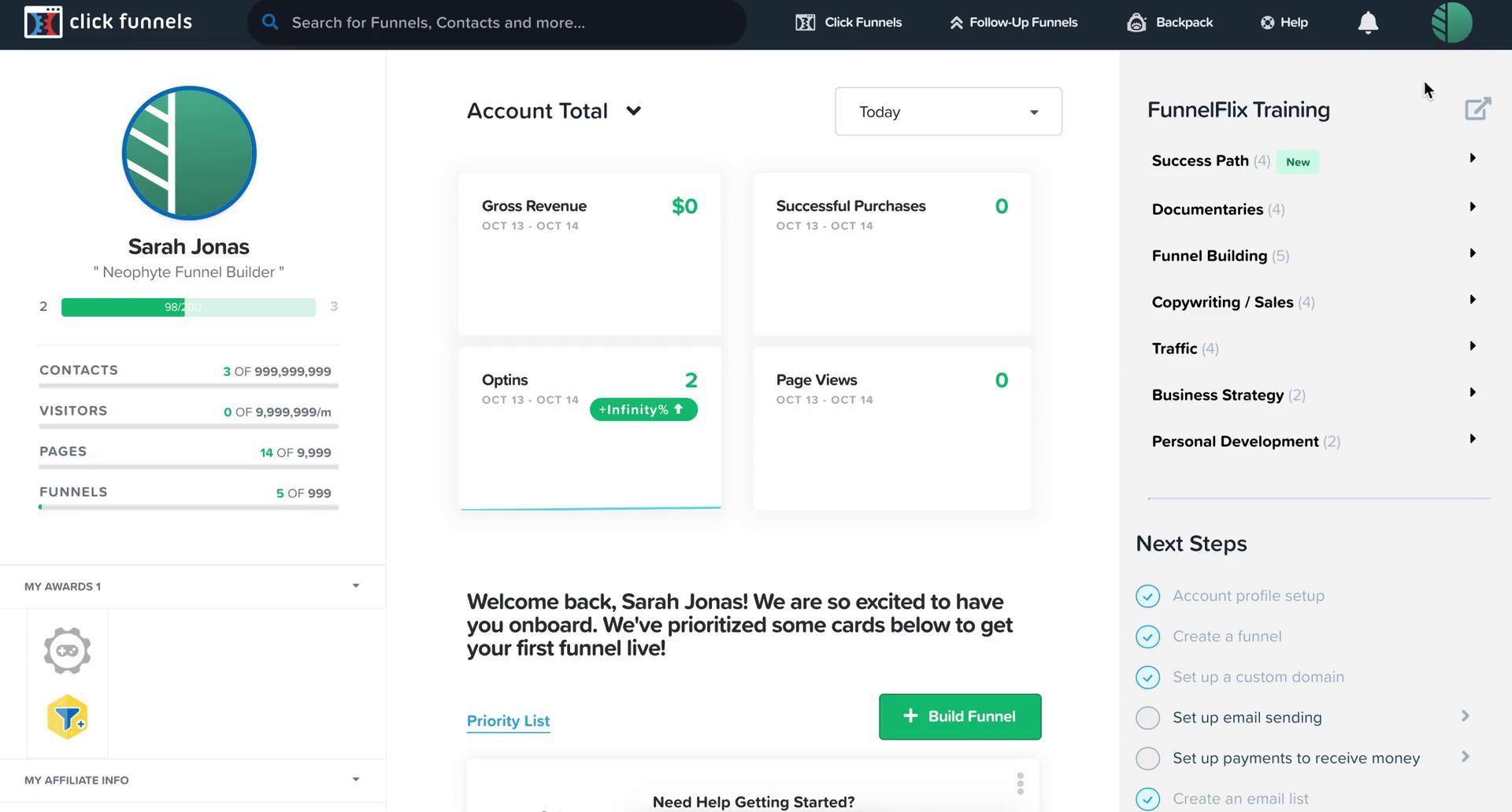 Screenshot of Dashboard on Downgrading your account on ClickFunnels user flow