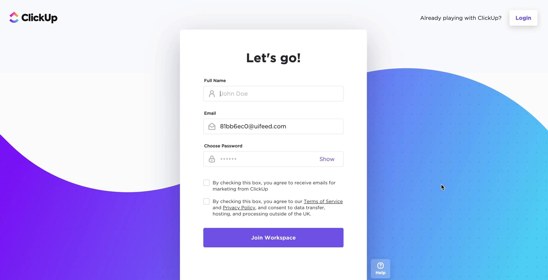 Screenshot of Sign up on Accepting an invite on ClickUp user flow