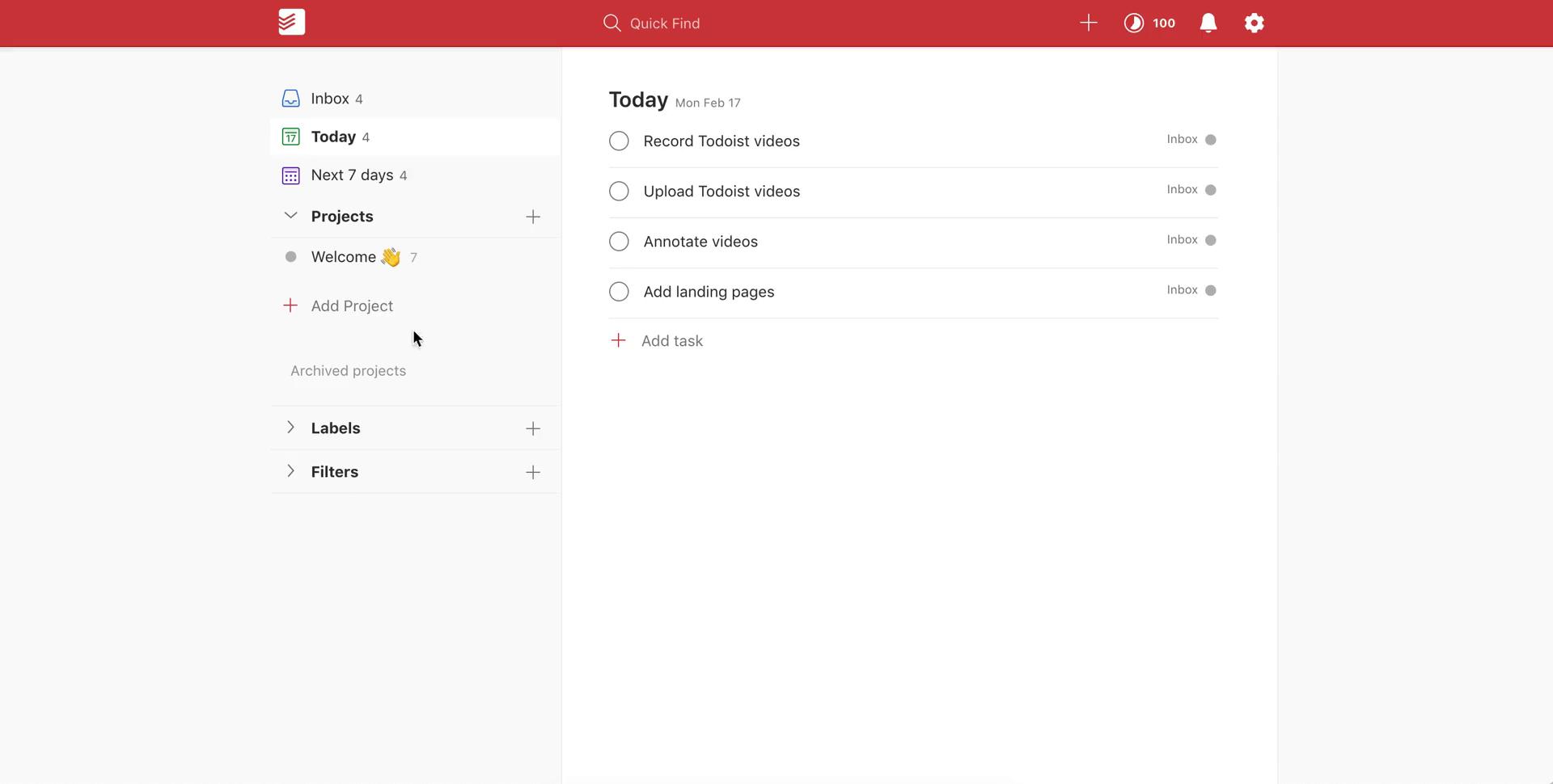 Screenshot of Tasks on Creating a project on Todoist user flow