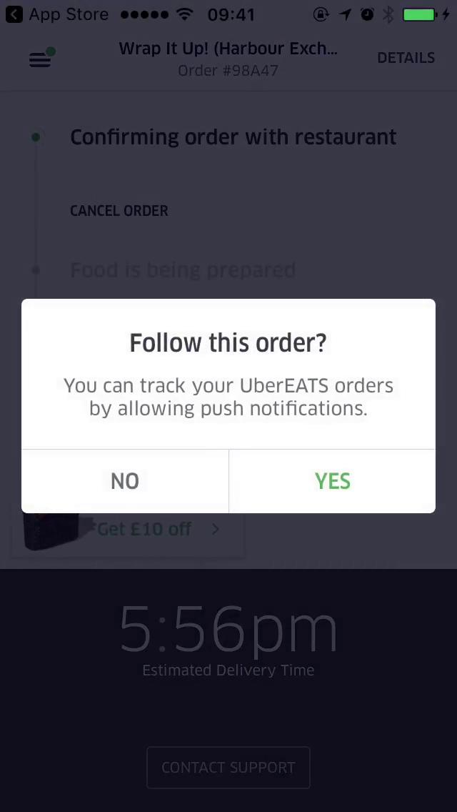 Cancelling an order screenshot