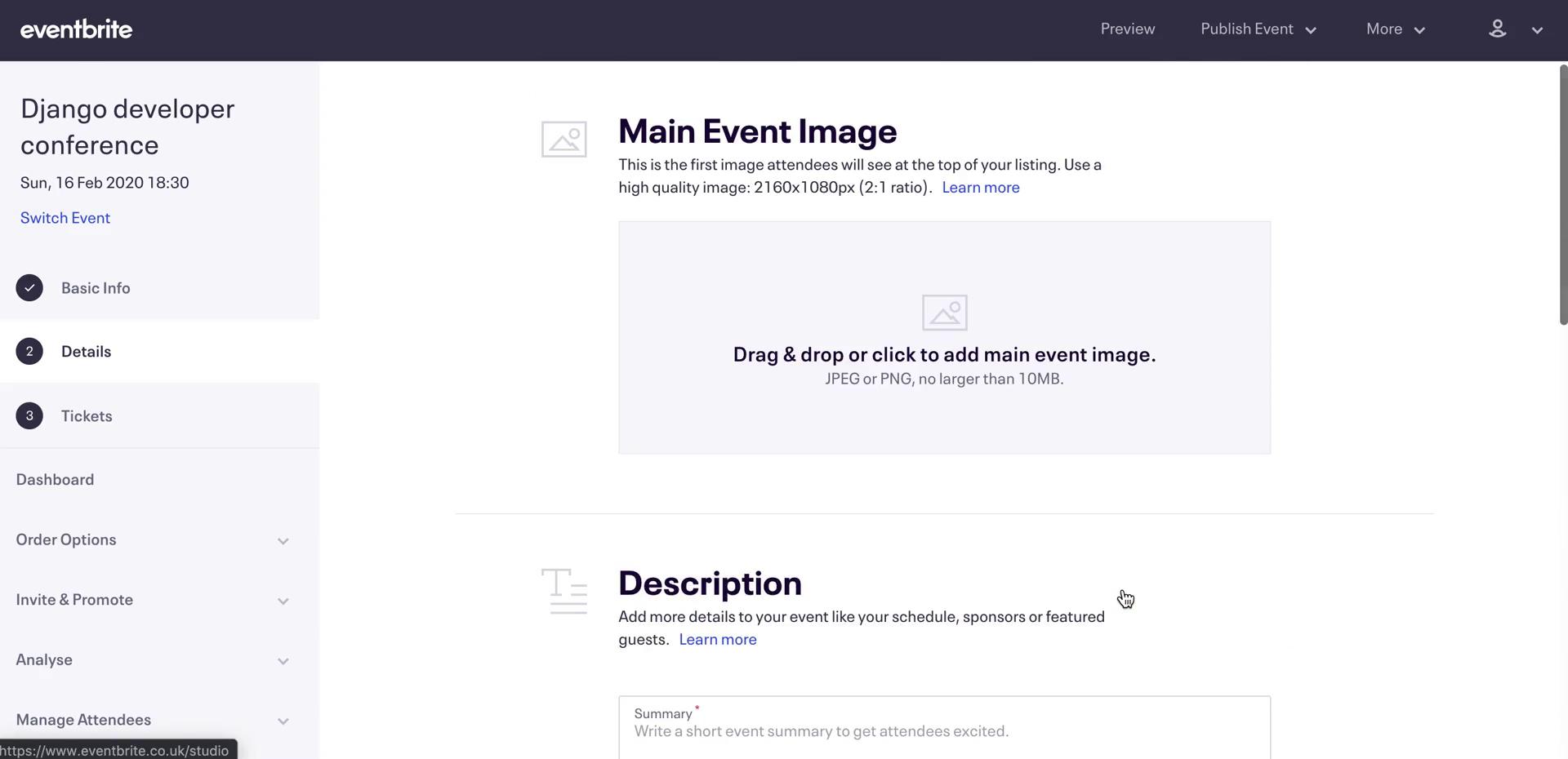 Creating an event screenshot