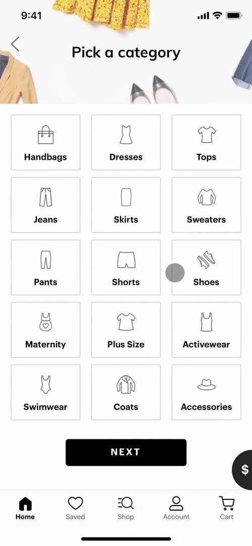 Screenshot of Choose category on Buying something on thredUP user flow
