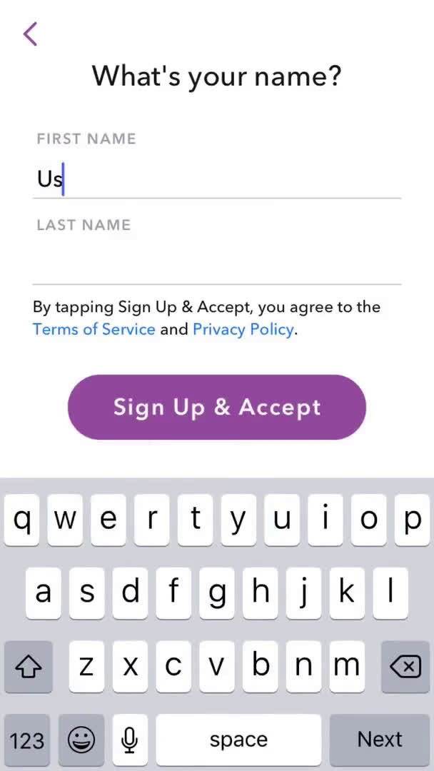 Screenshot of on Onboarding on Snapchat user flow