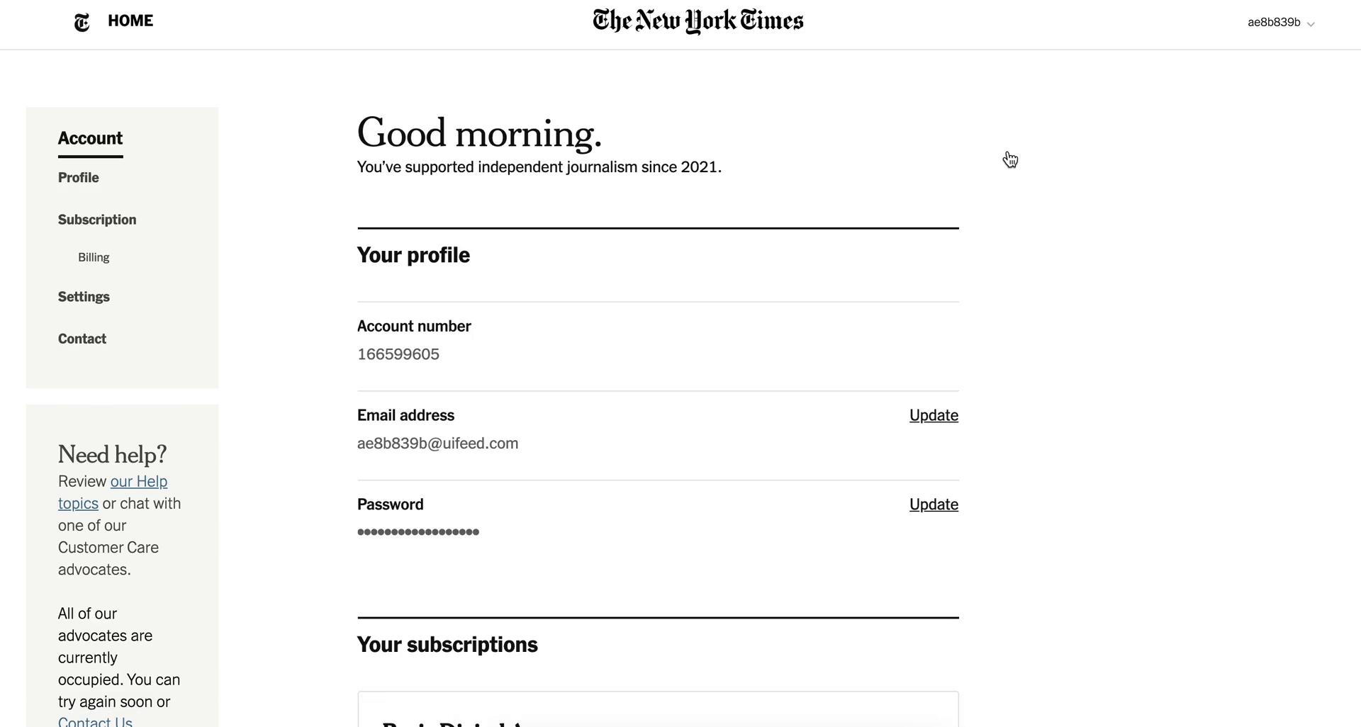 Screenshot of Account settings on Cancelling your subscription on The New York Times user flow
