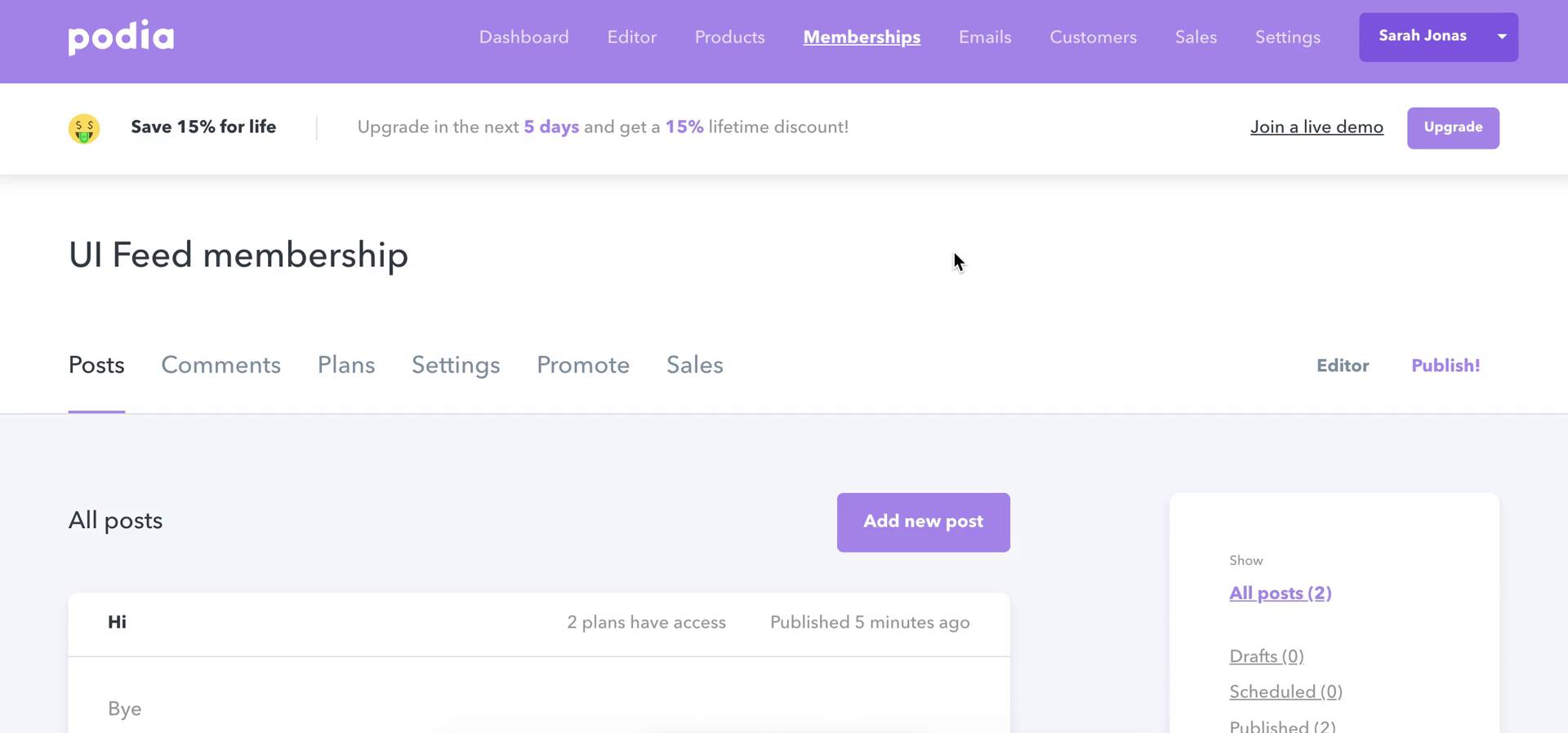 Screenshot of Membership on Creating a post on Podia user flow