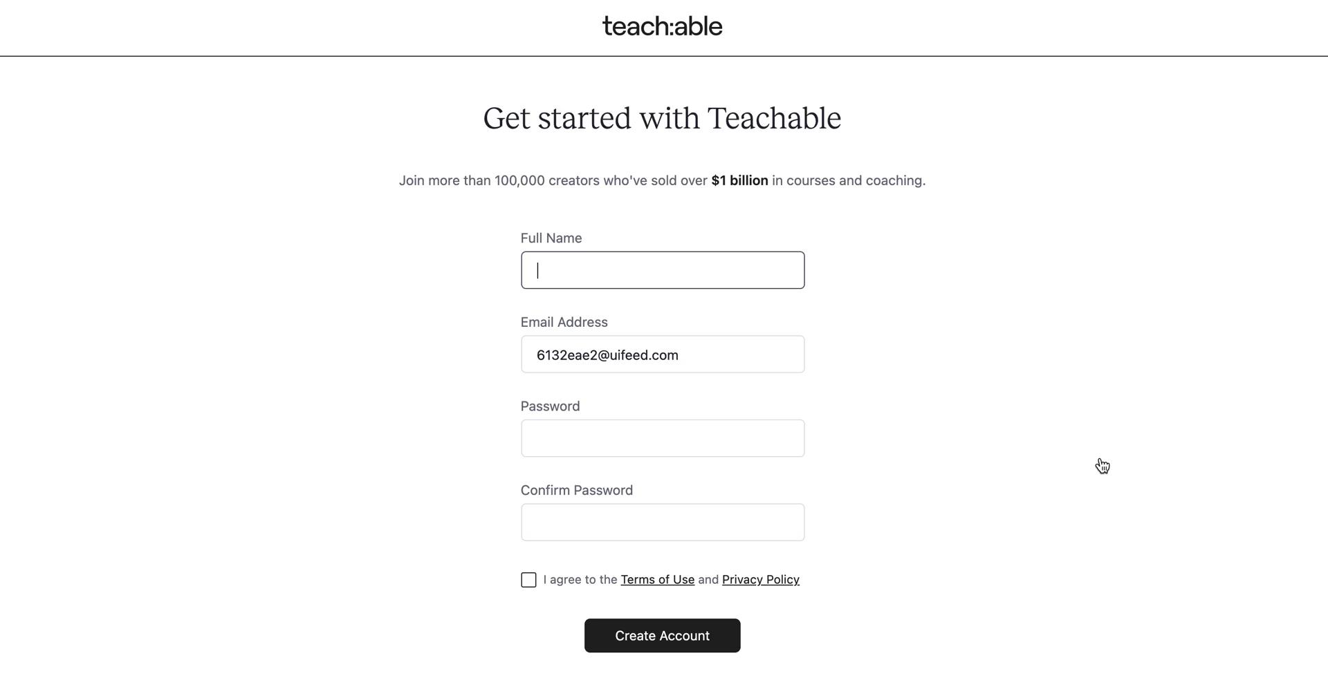 Screenshot of Sign up during Onboarding on Teachable user flow