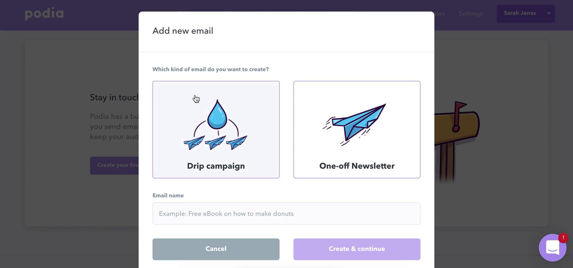Screenshot of Select campaign type on Creating an email campaign on Podia user flow