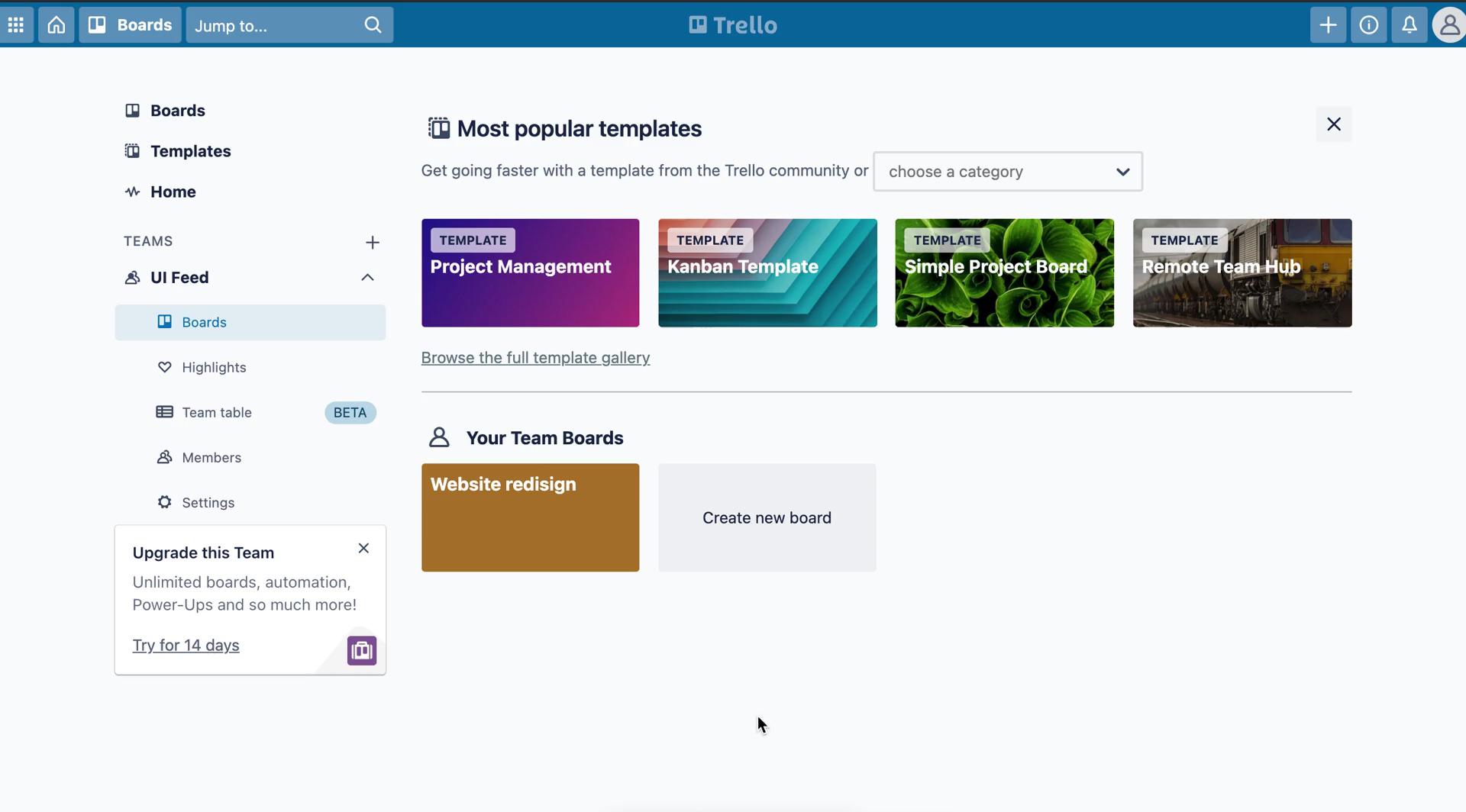 Screenshot of Boards on Upgrading your account on Trello user flow