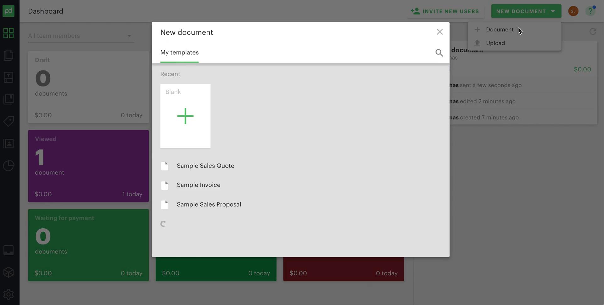Screenshot of Create document on Creating a document on PandaDoc user flow