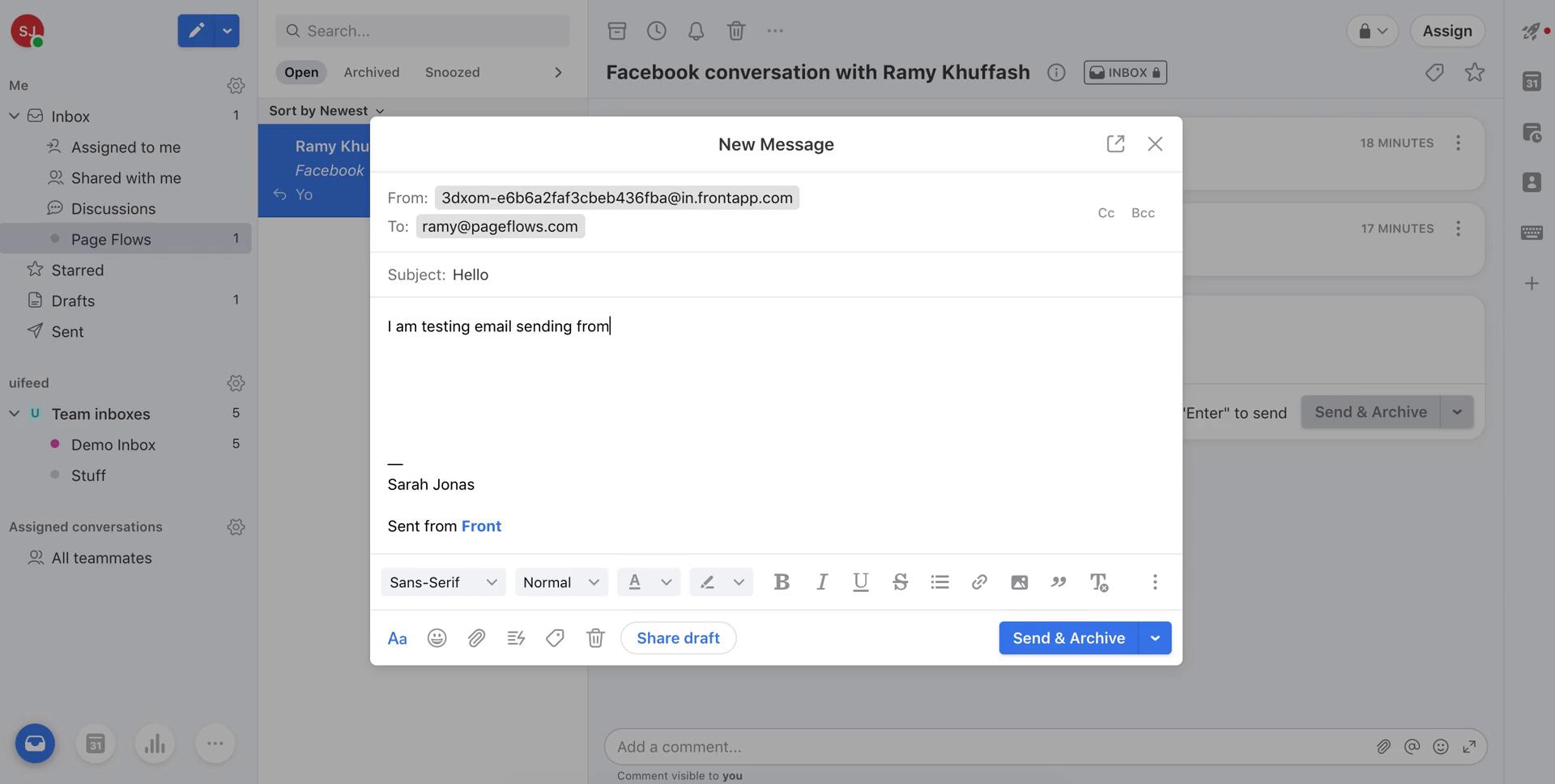 Screenshot of Compose email on Sending on Front user flow