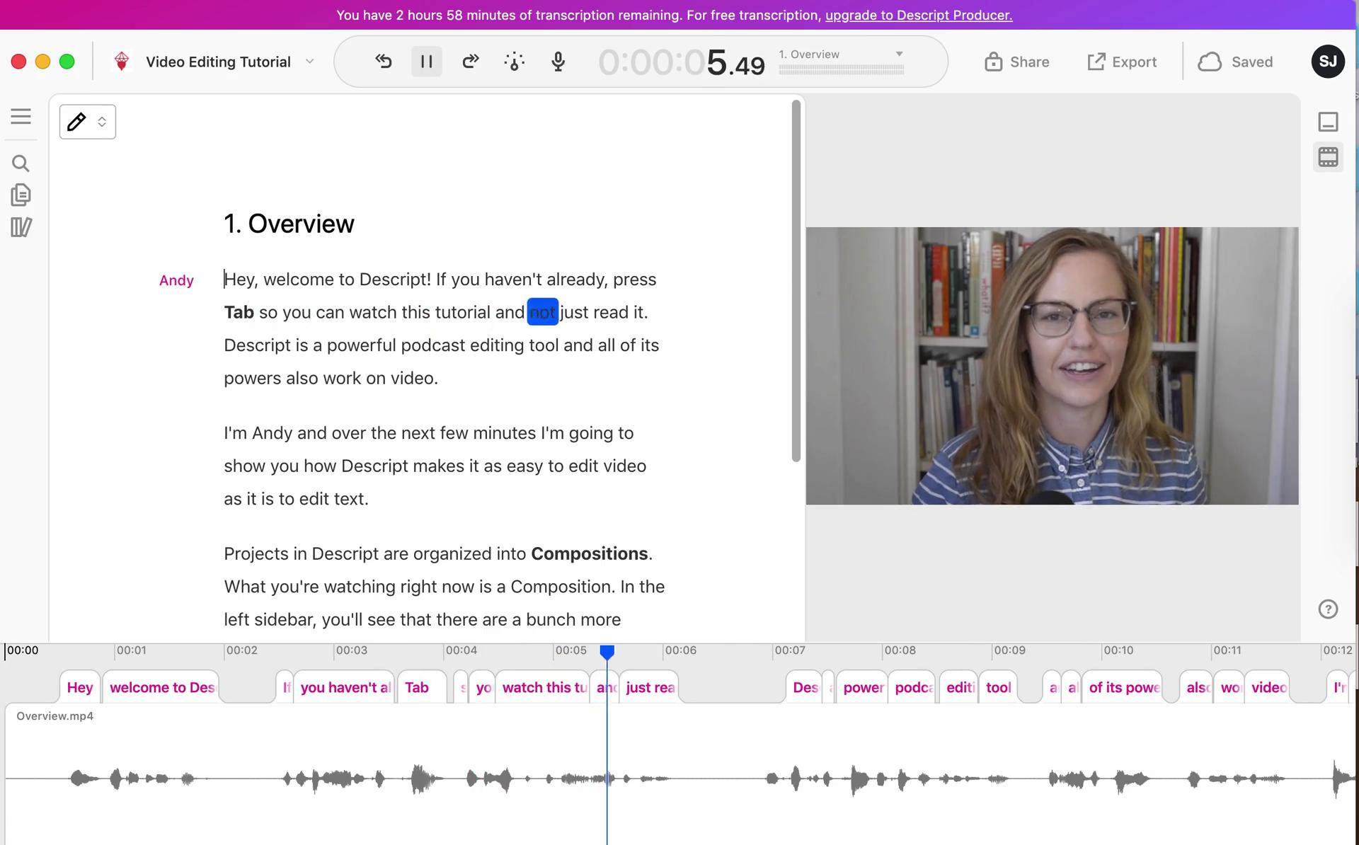 Screenshot of Edit video on Editing a video on Descript user flow