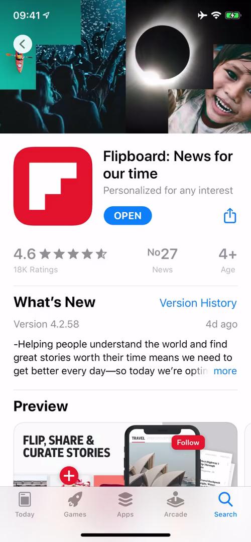Screenshot of App store listing on Onboarding on Flipboard user flow