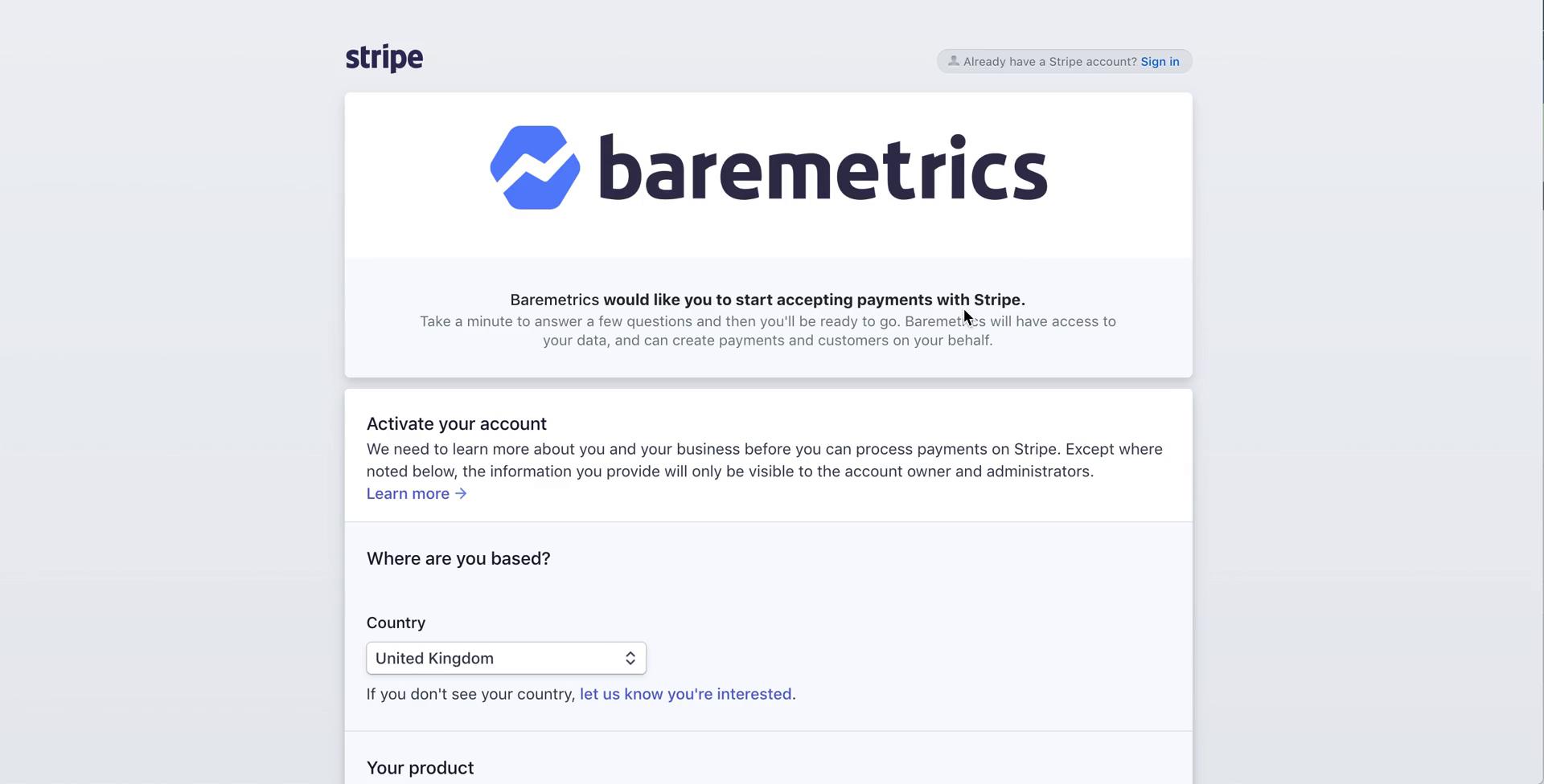 Baremetrics connect integration screenshot