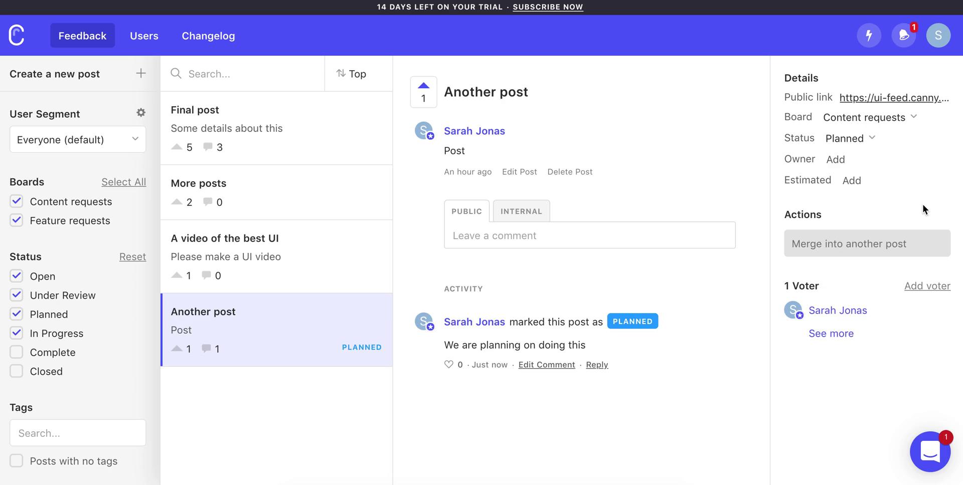 Managing feedback screenshot