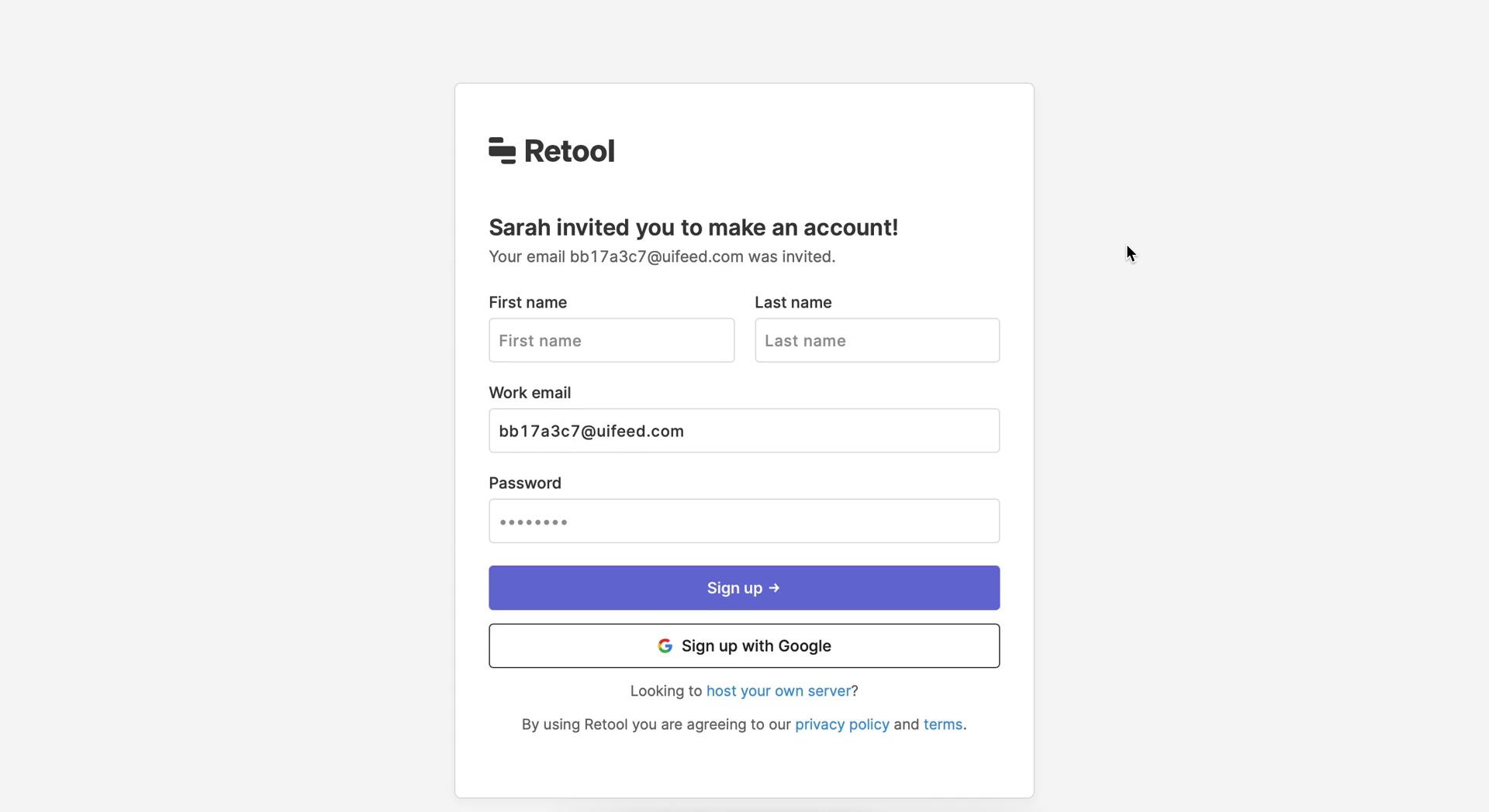 Screenshot of Sign up on Accepting an invite on Retool user flow