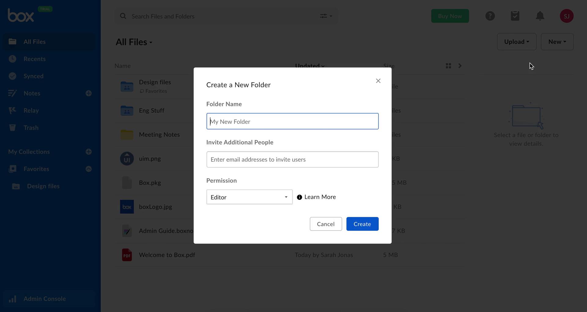 Screenshot of Create folder on Sharing a folder on Box user flow
