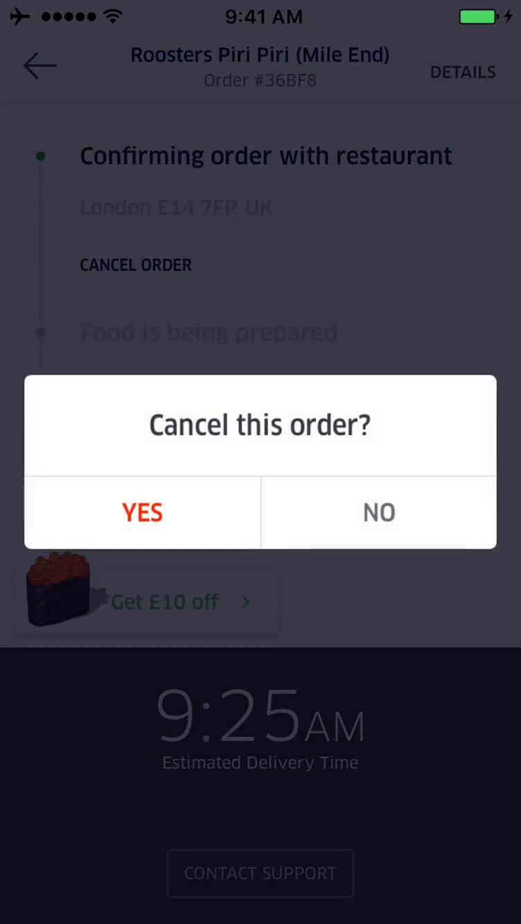 Cancelling an order screenshot