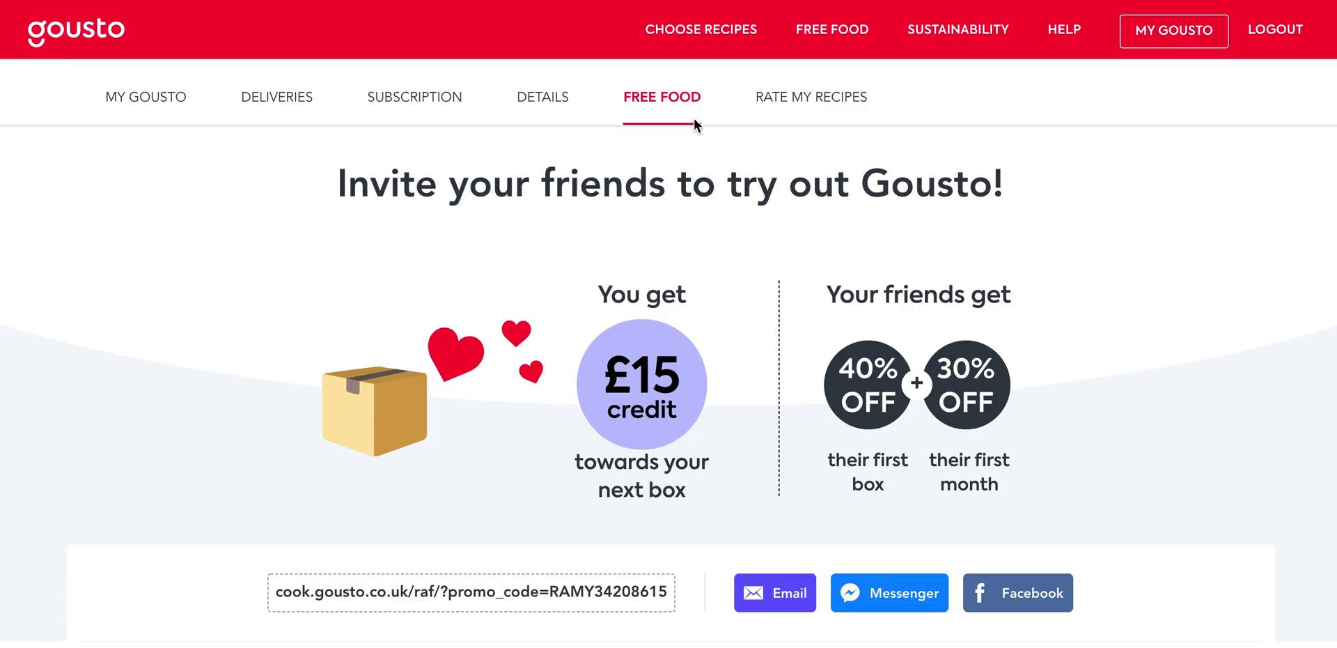 Gousto invite friends screenshot