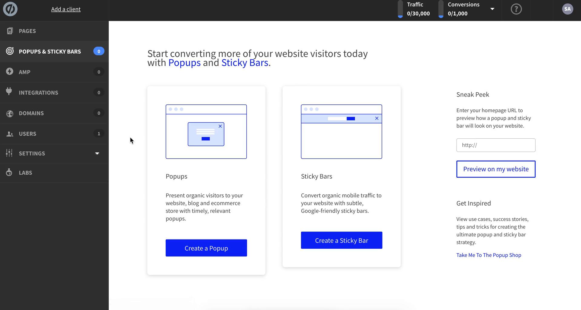 Screenshot of Pop-ups on Creating a pop-up on Unbounce user flow
