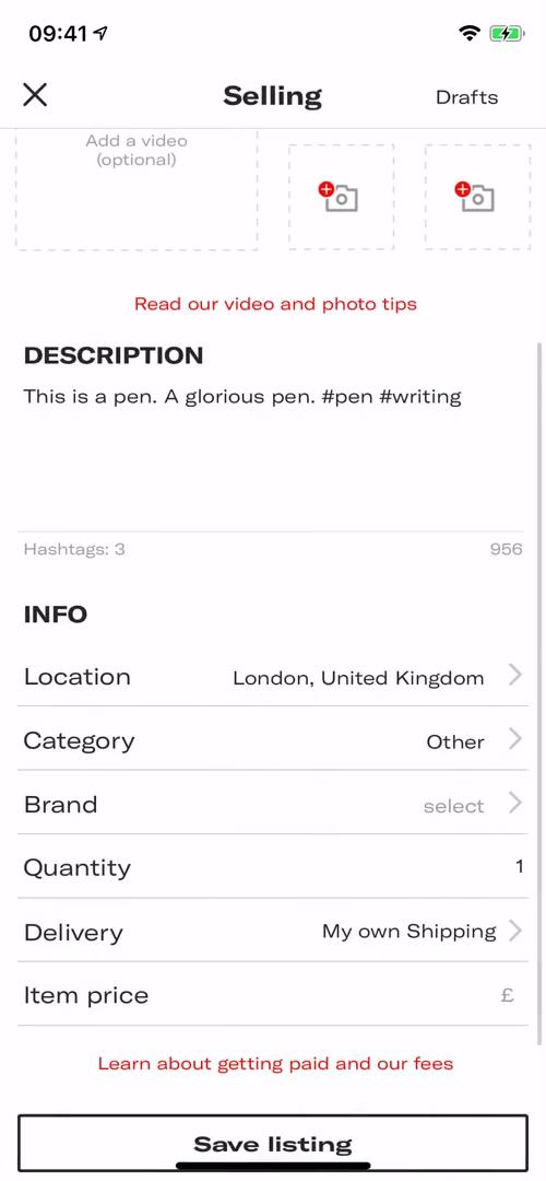 Listing a product screenshot