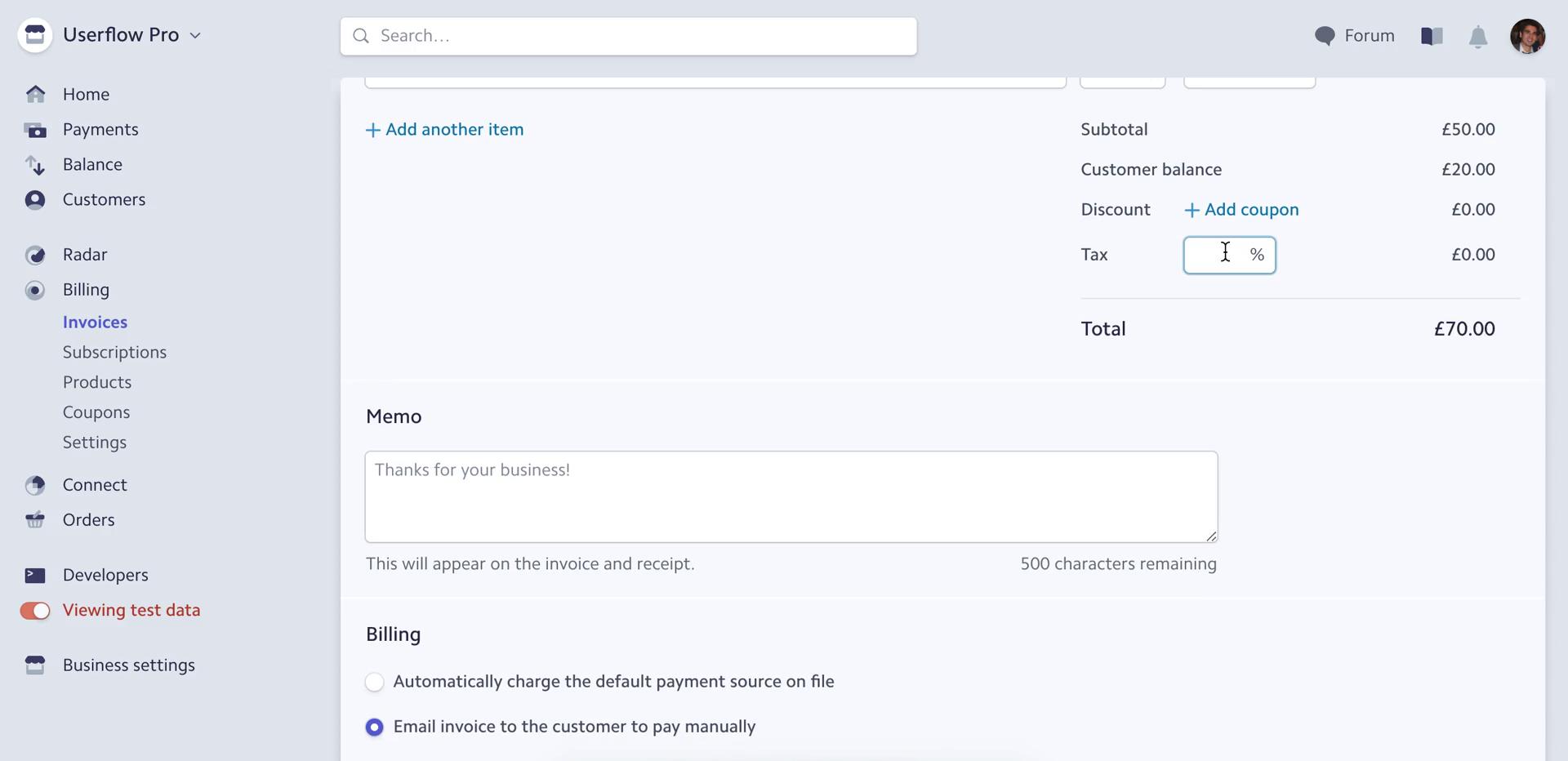 Creating an invoice screenshot