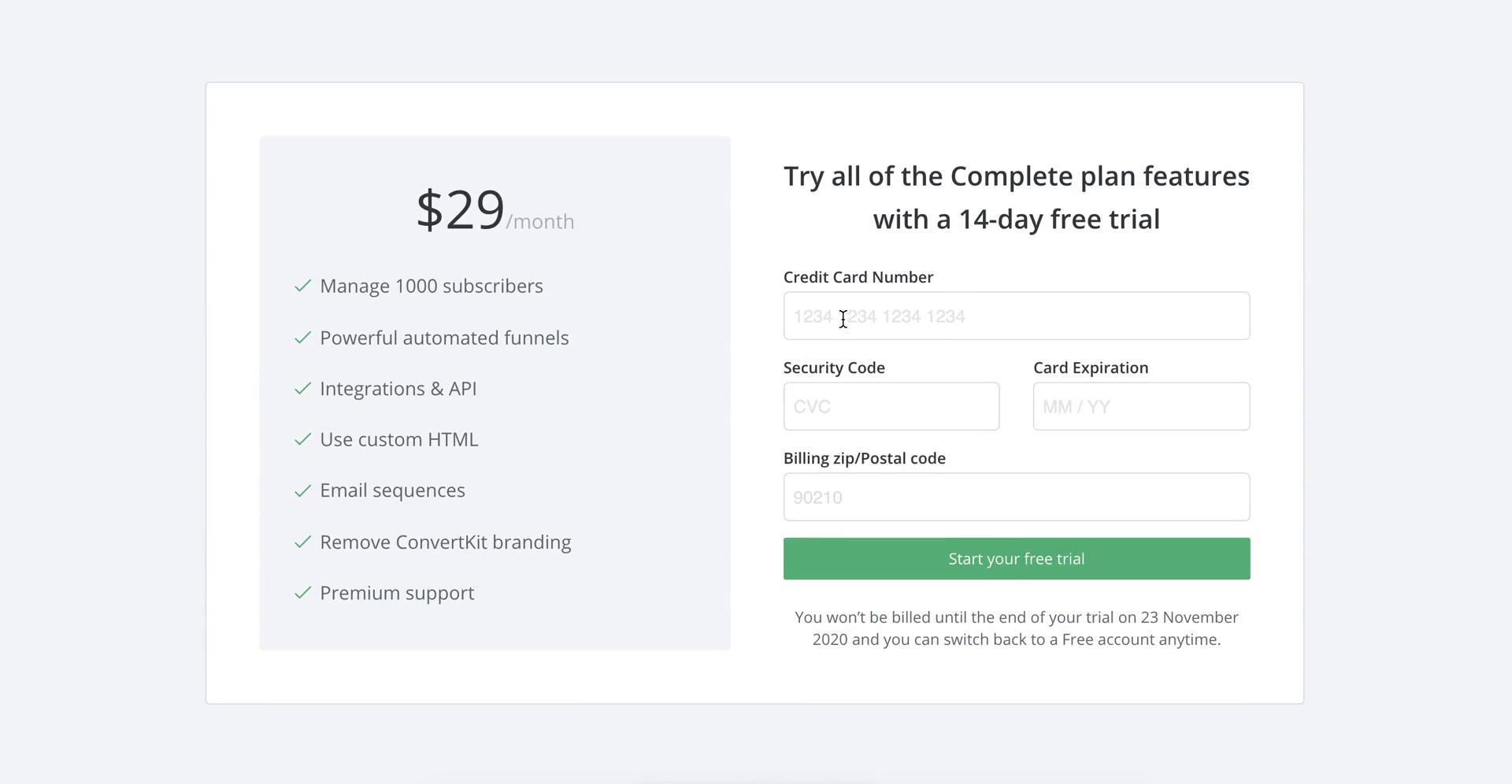 Screenshot of Add payment details on Upgrading your account on ConvertKit user flow