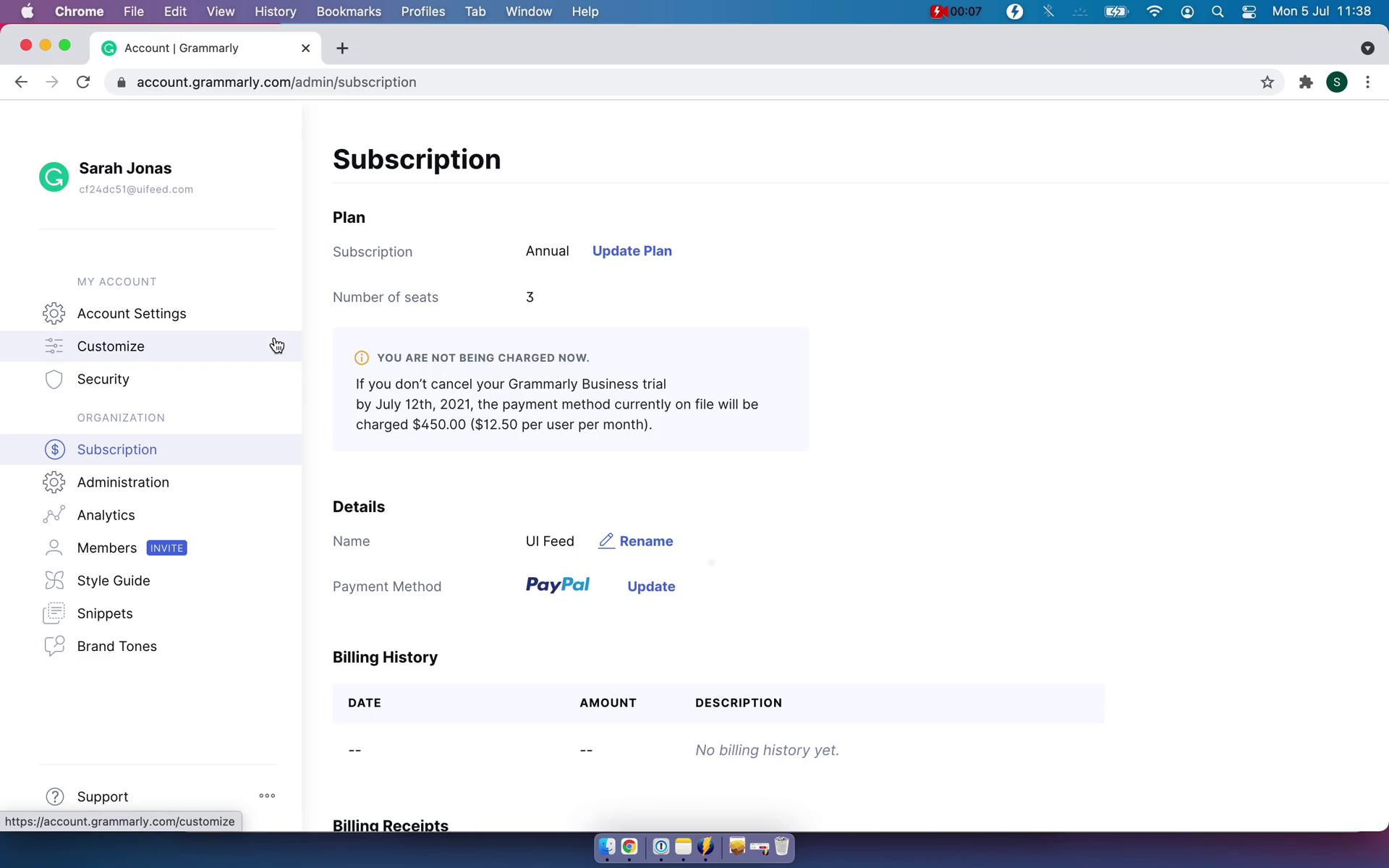 Screenshot of Manage subscription on Inviting people on Grammarly user flow