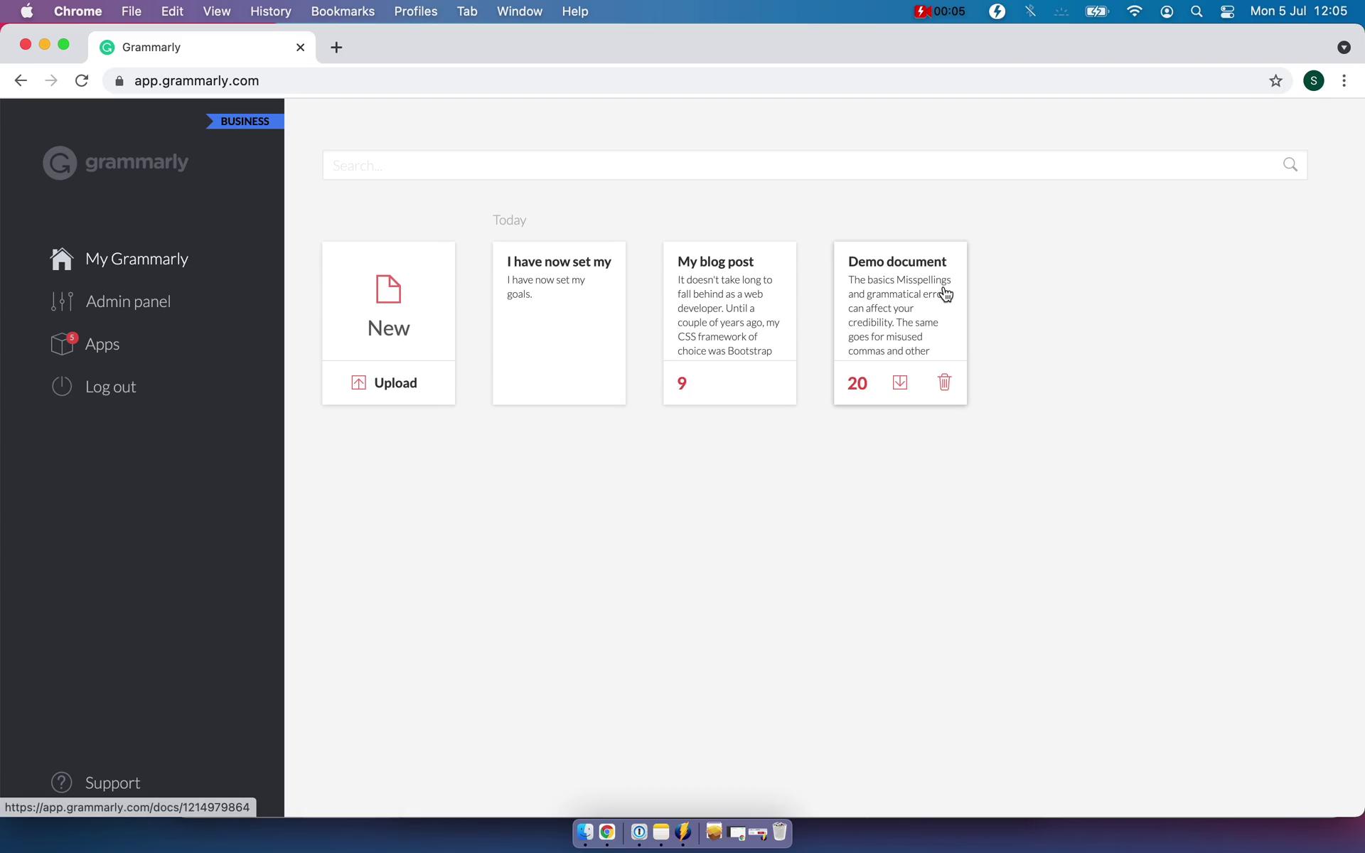 Screenshot of Dashboard on General browsing on Grammarly user flow