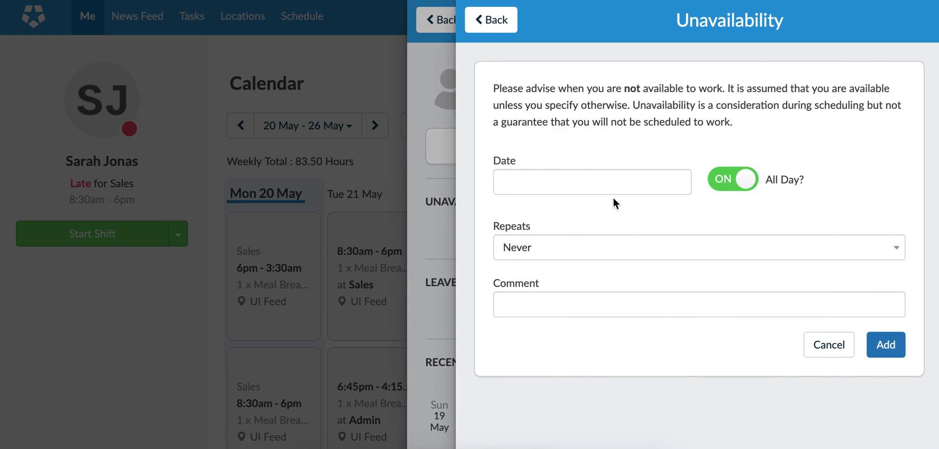 Screenshot of Set availability on Requesting time off on Deputy user flow