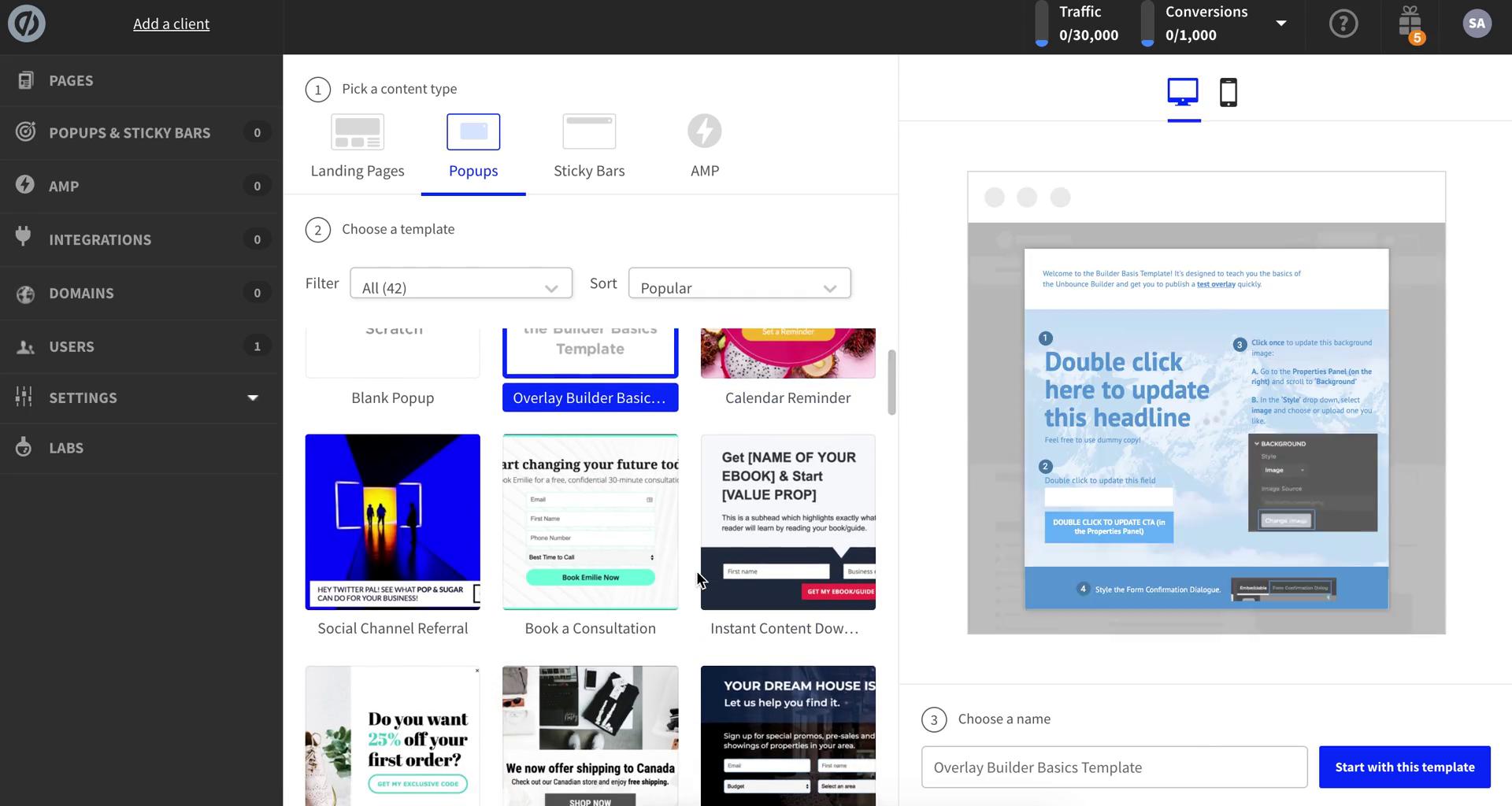 Screenshot of Select template on Creating a pop-up on Unbounce user flow