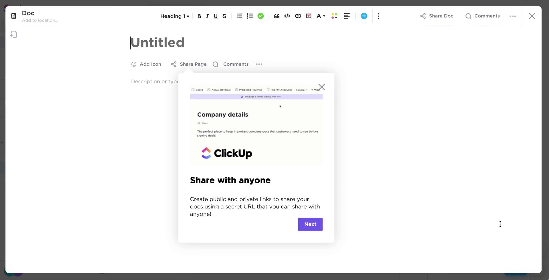 Screenshot of Guided tour on Creating a document on ClickUp user flow