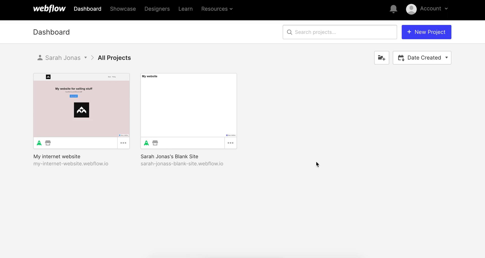 Screenshot of Dashboard on Deleting a project on Webflow user flow