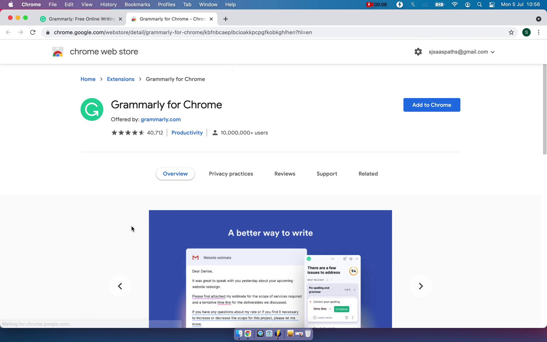 Screenshot of Install extension on Onboarding on Grammarly user flow