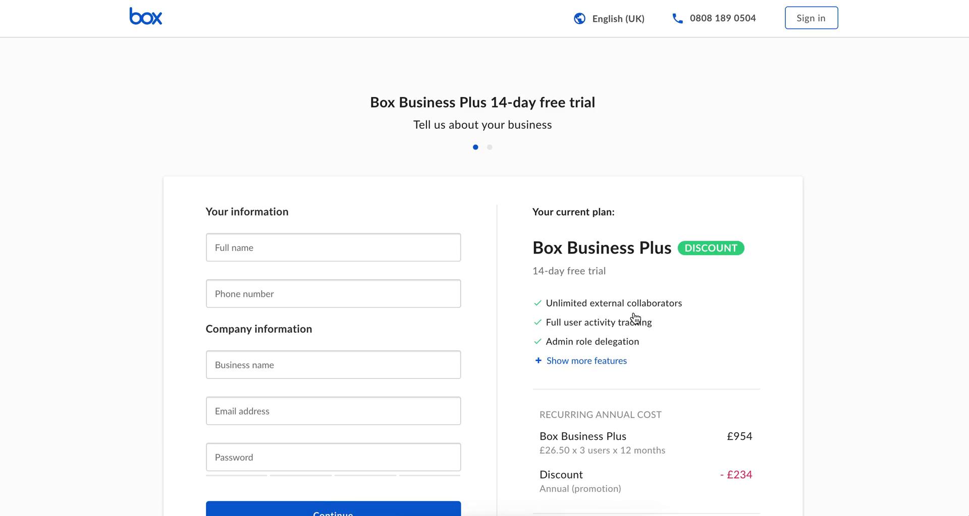 Screenshot of Sign up on Onboarding on Box user flow
