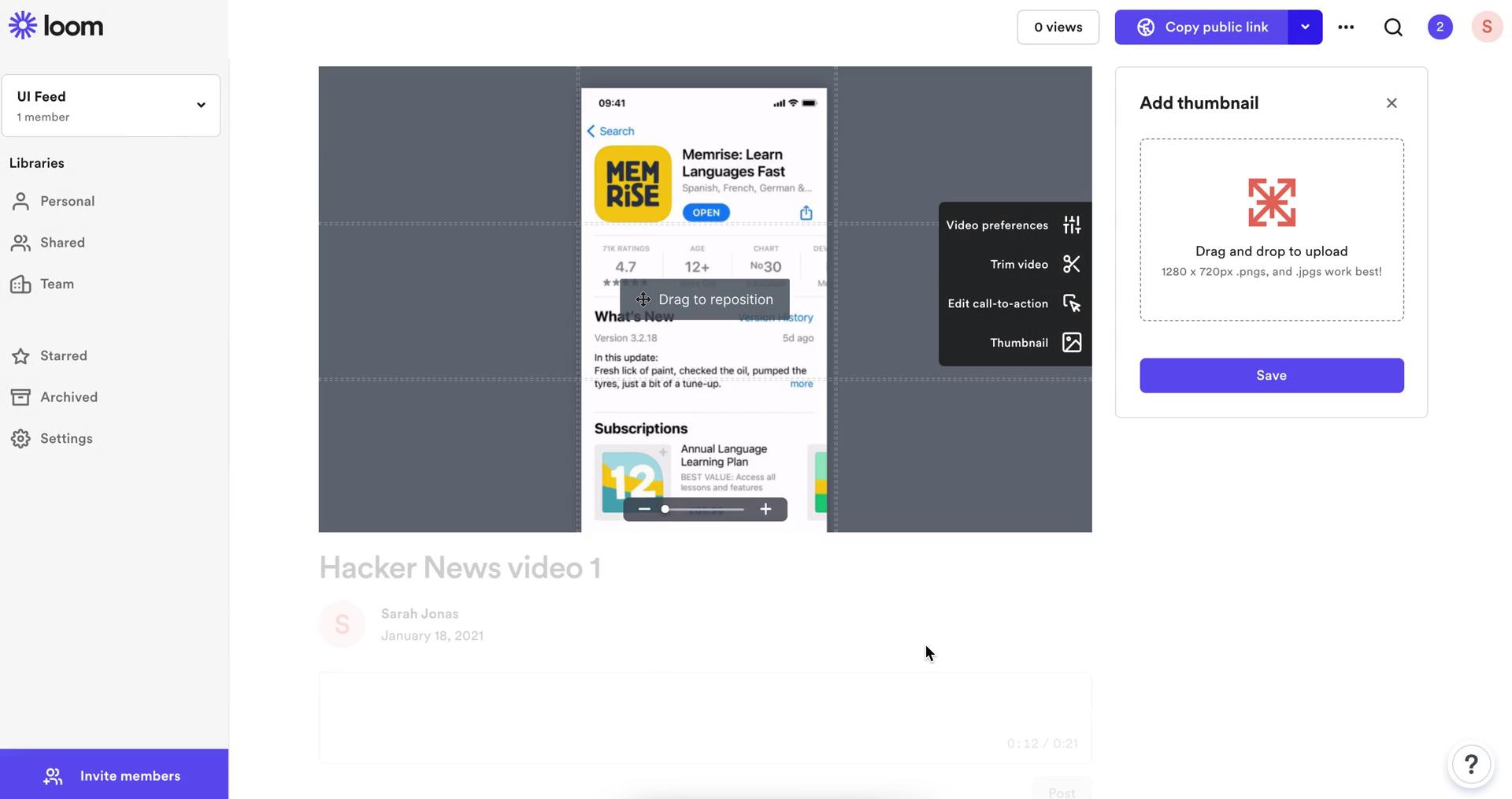 Editing a video on Loom video thumbnail
