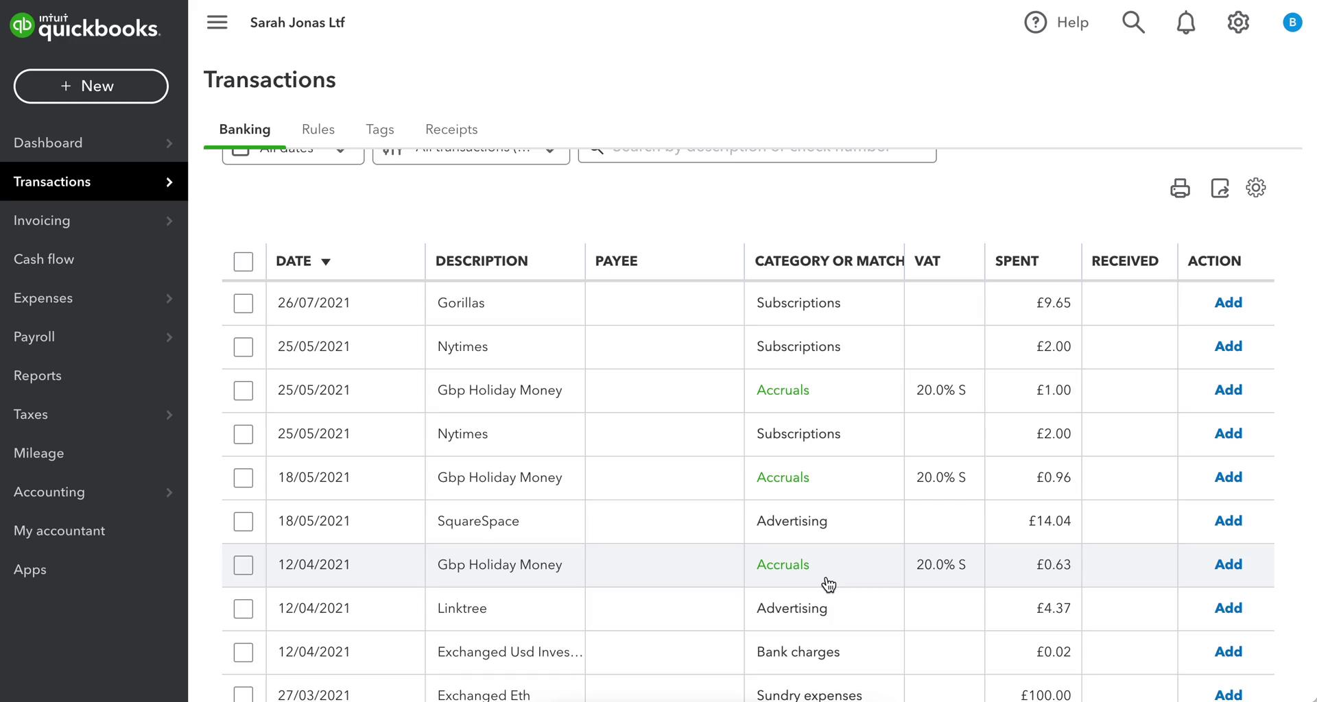 Categorizing transactions screenshot