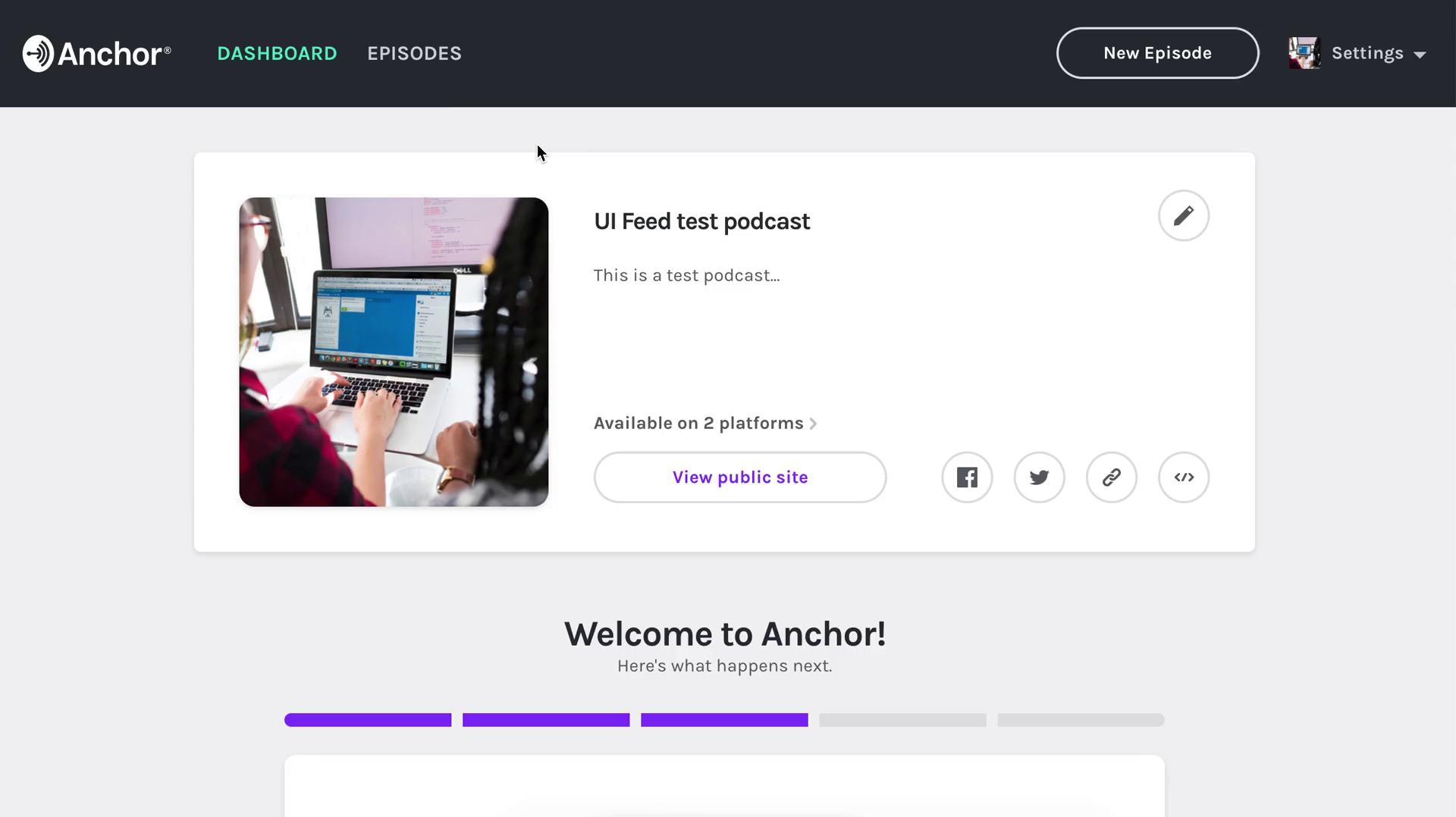 Screenshot of Dashboard on Creating a video on Anchor user flow