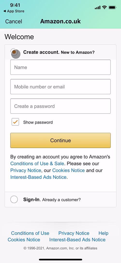 Amazon sign up screenshot