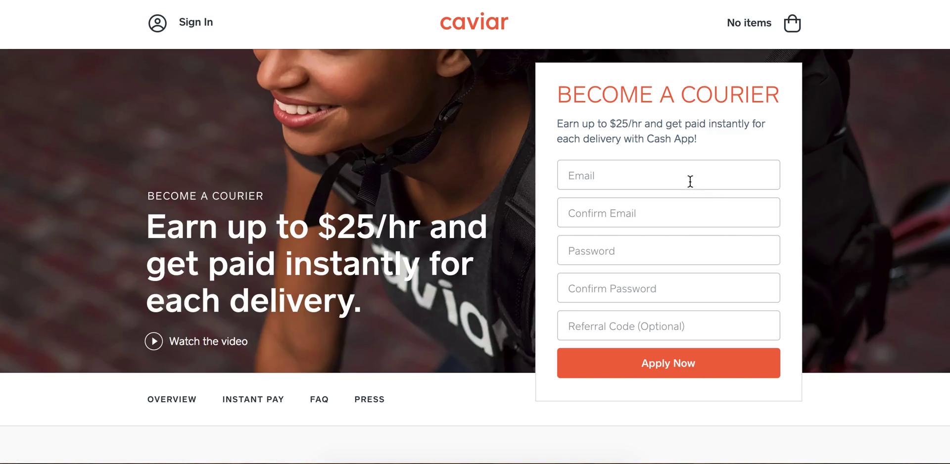 Screenshot of on Driver signup on Caviar user flow