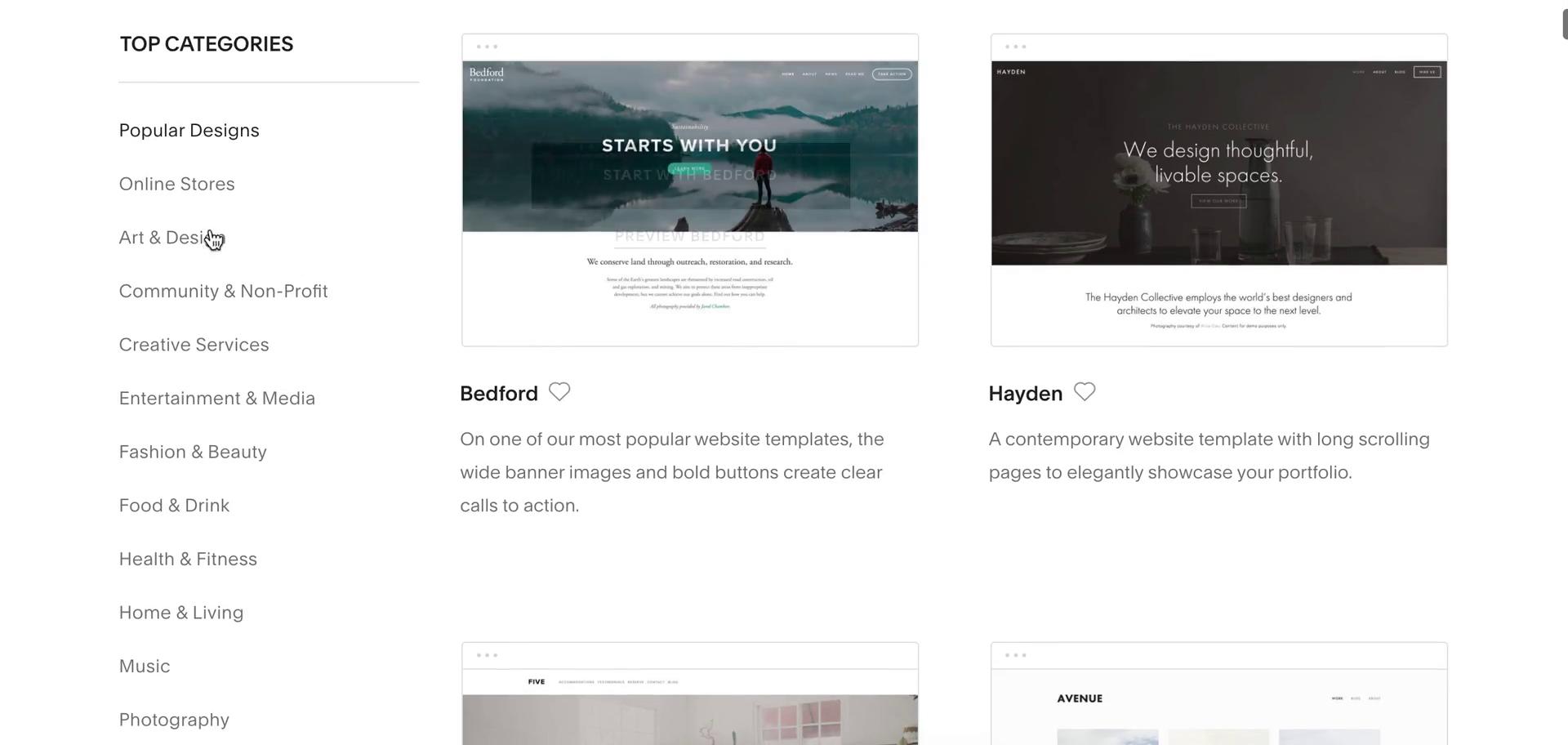 Screenshot of Select template on Creating a website on Squarespace user flow