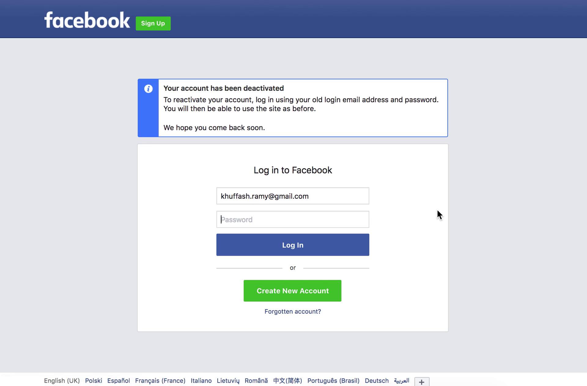 Facebook login page after account has been deactivated