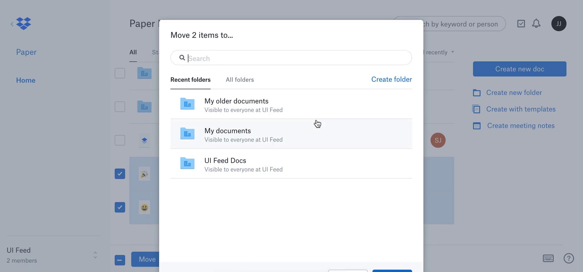 Screenshot of Move files on Managing files on Dropbox Paper user flow