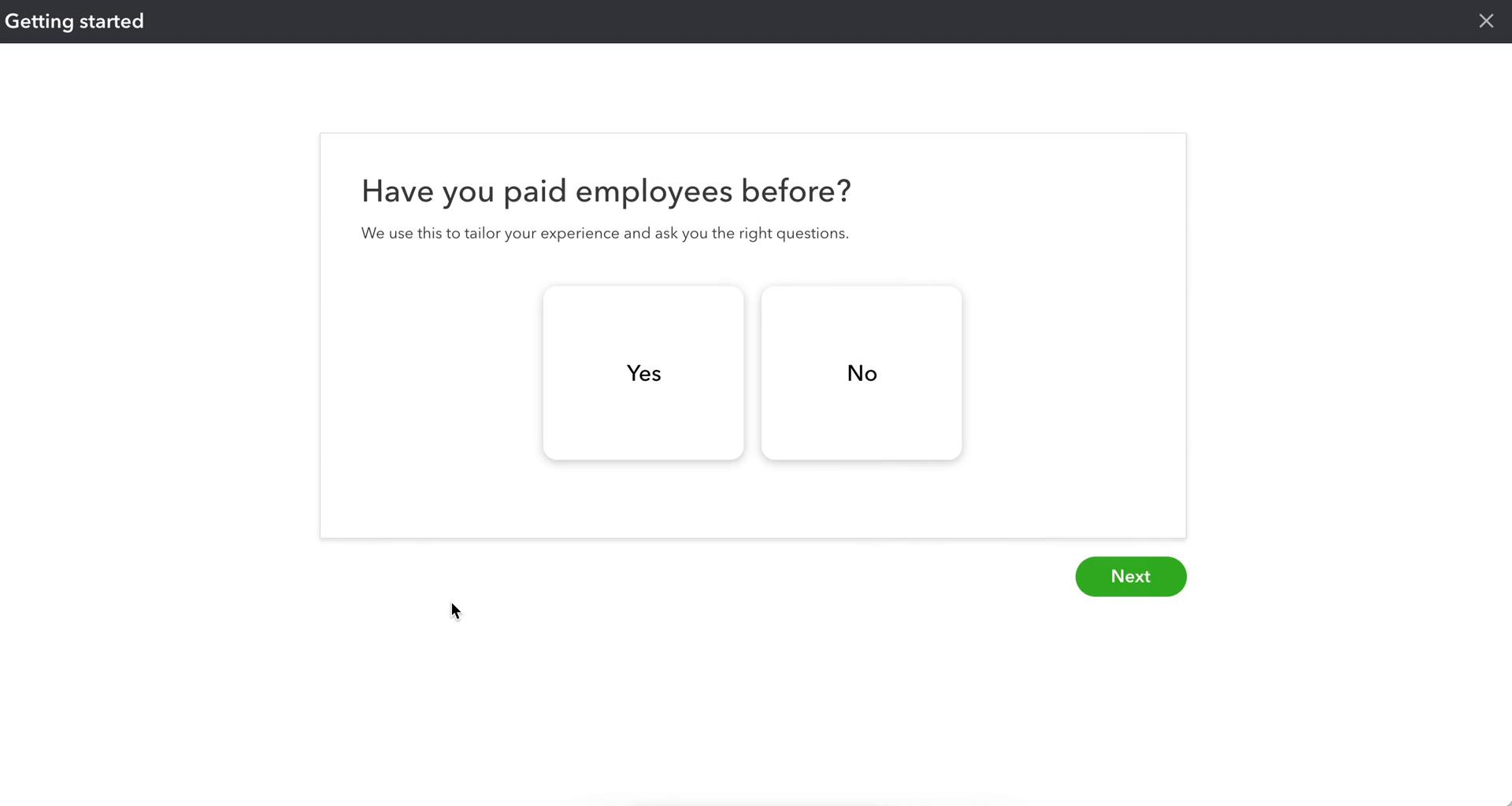 Screenshot of Setup question on Managing payroll on QuickBooks user flow
