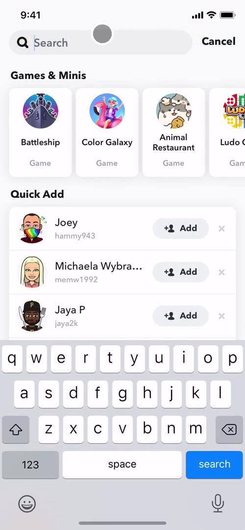 Screenshot of Search on Searching on Snapchat user flow