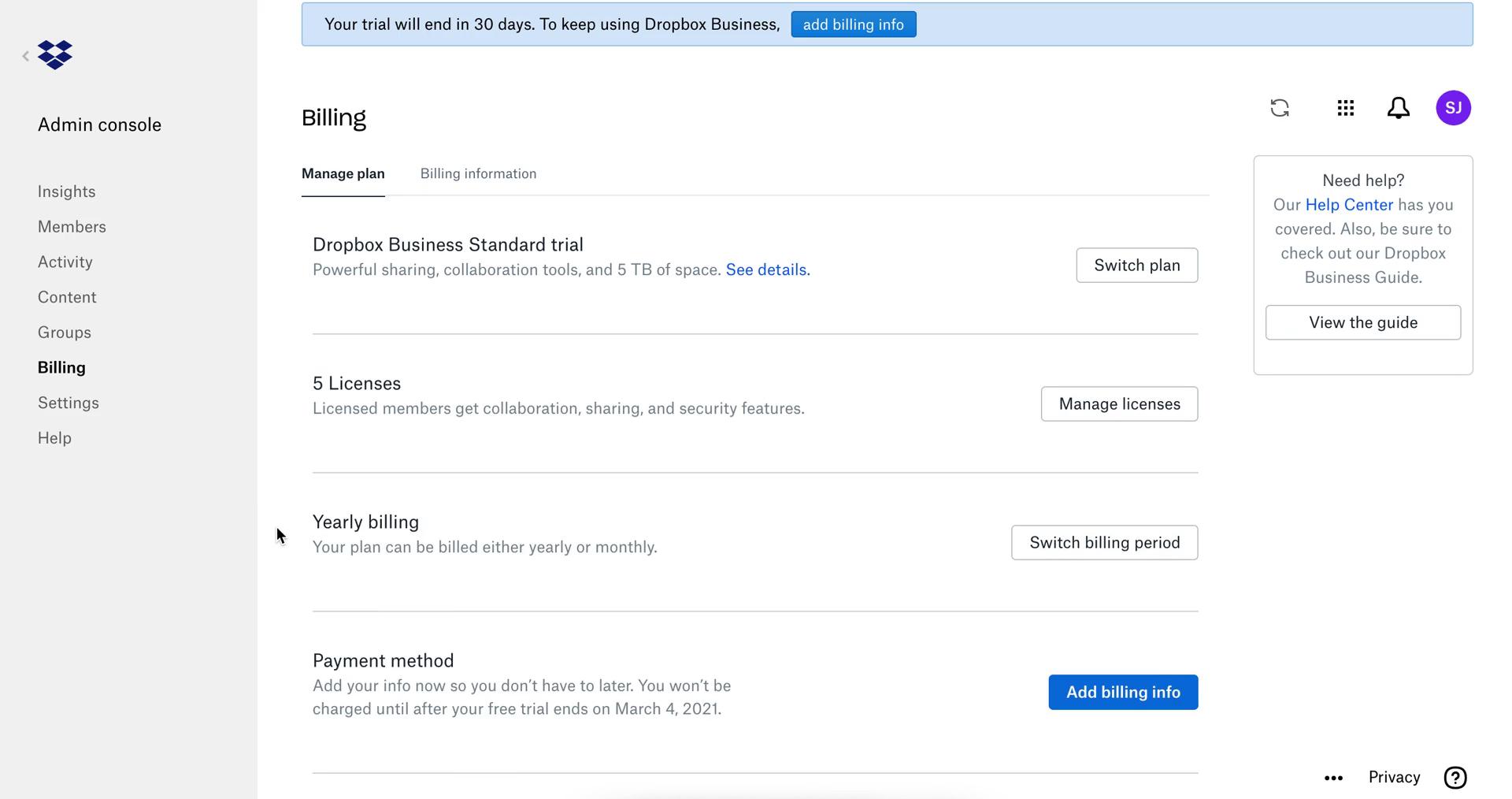 Screenshot of Billing on Downgrading your account on Dropbox user flow