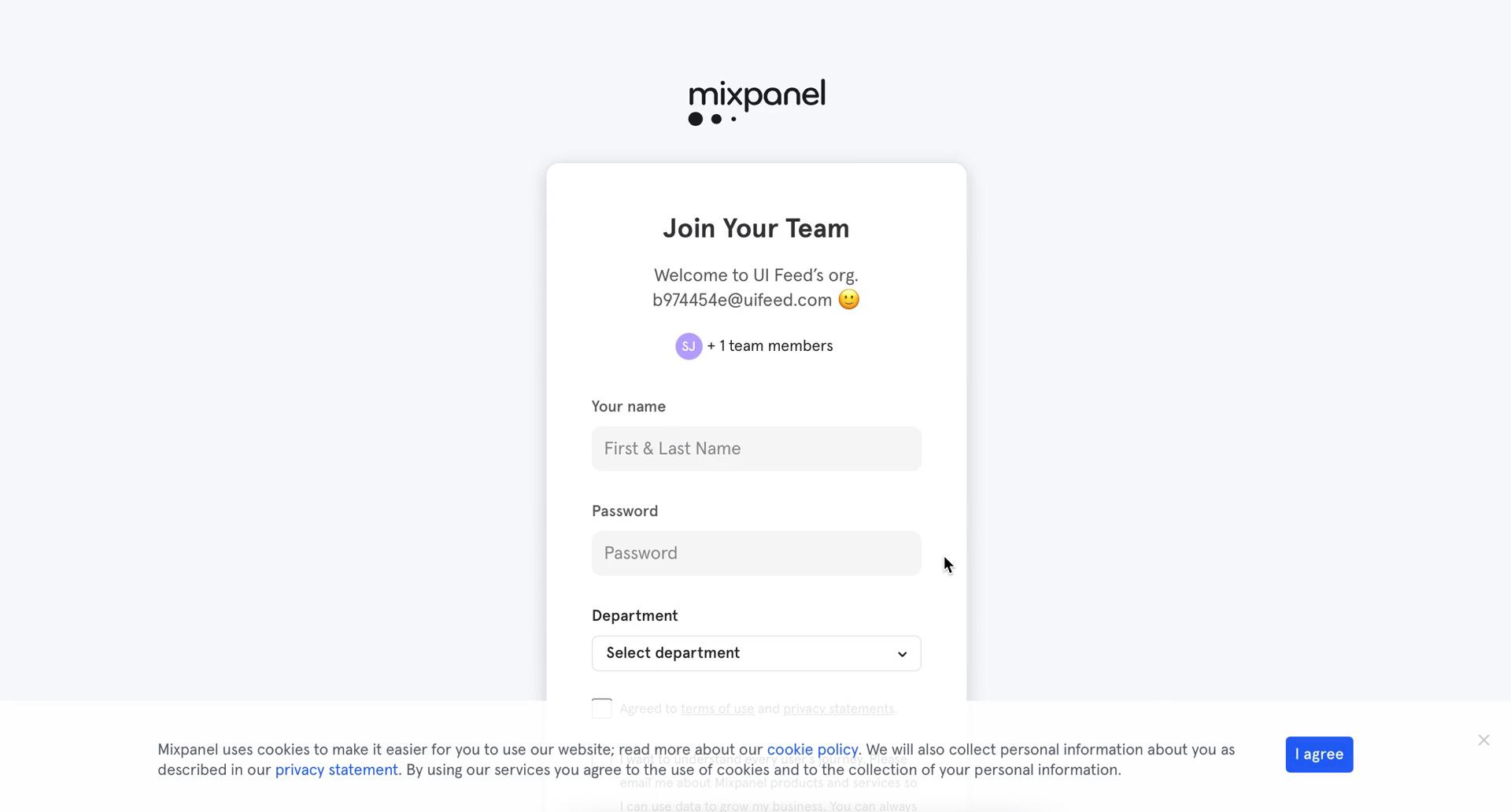 Screenshot of Sign up on Accepting an invite on Mixpanel user flow